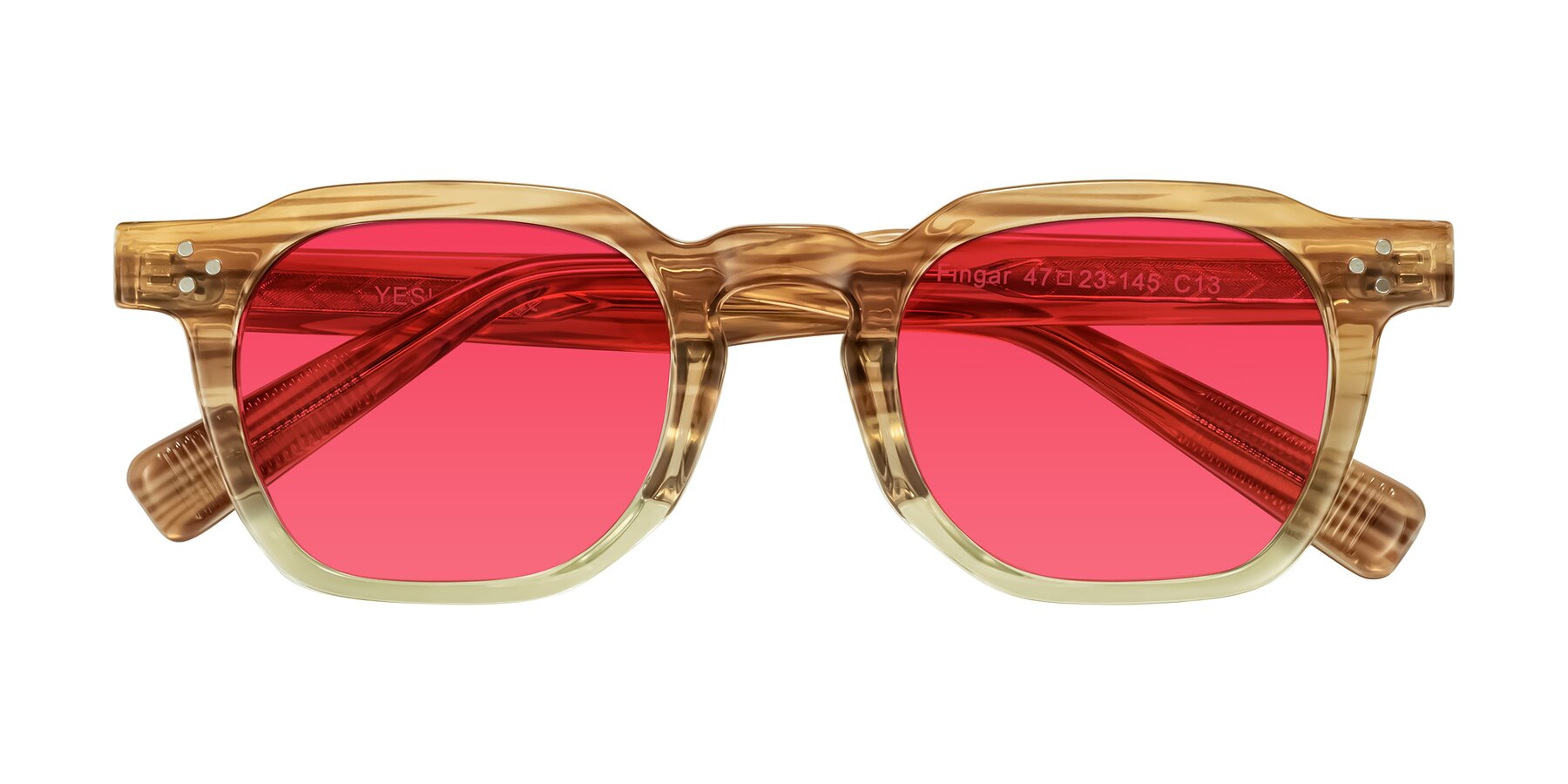 Folded Front of Fingar in Champagne Striped with Red Tinted Lenses