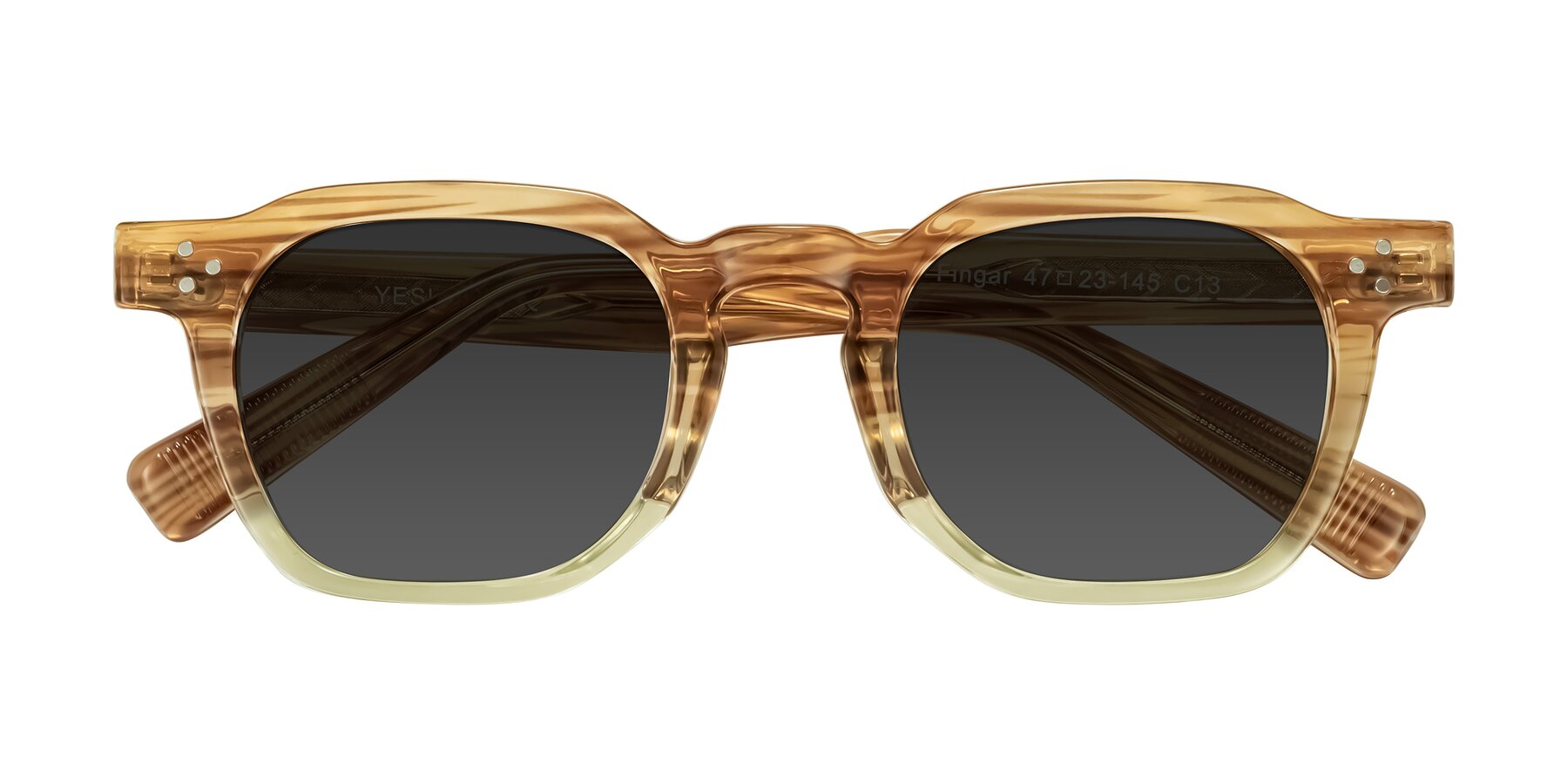 Folded Front of Fingar in Champagne Striped with Gray Tinted Lenses