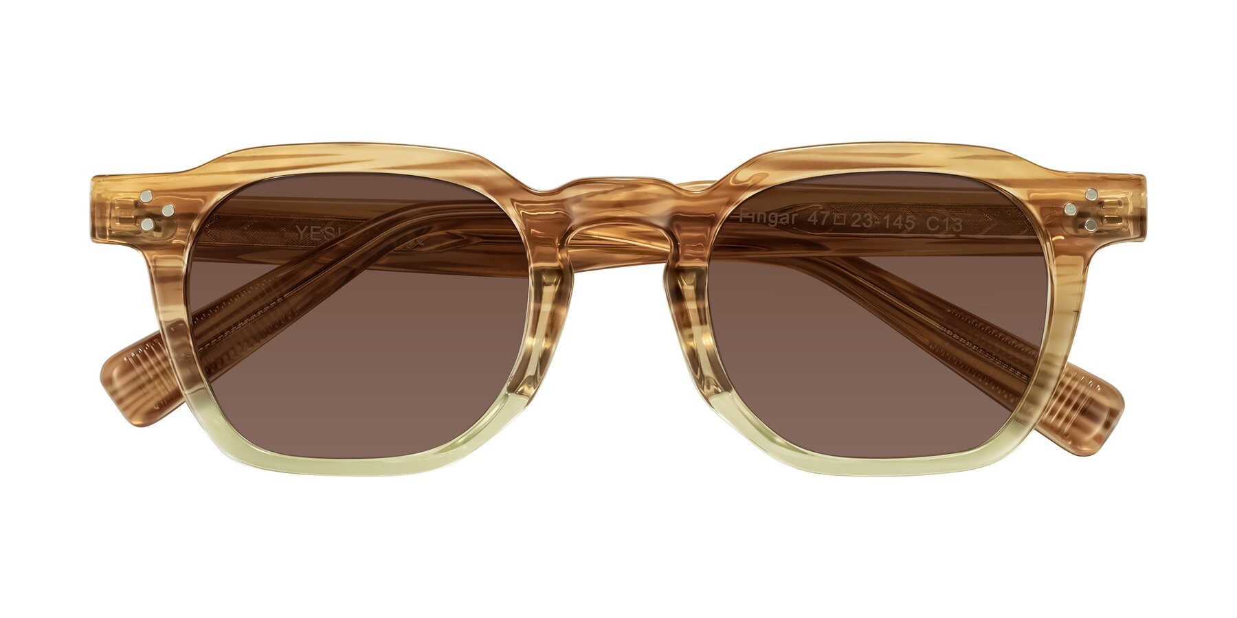 Folded Front of Fingar in Champagne Striped with Brown Tinted Lenses