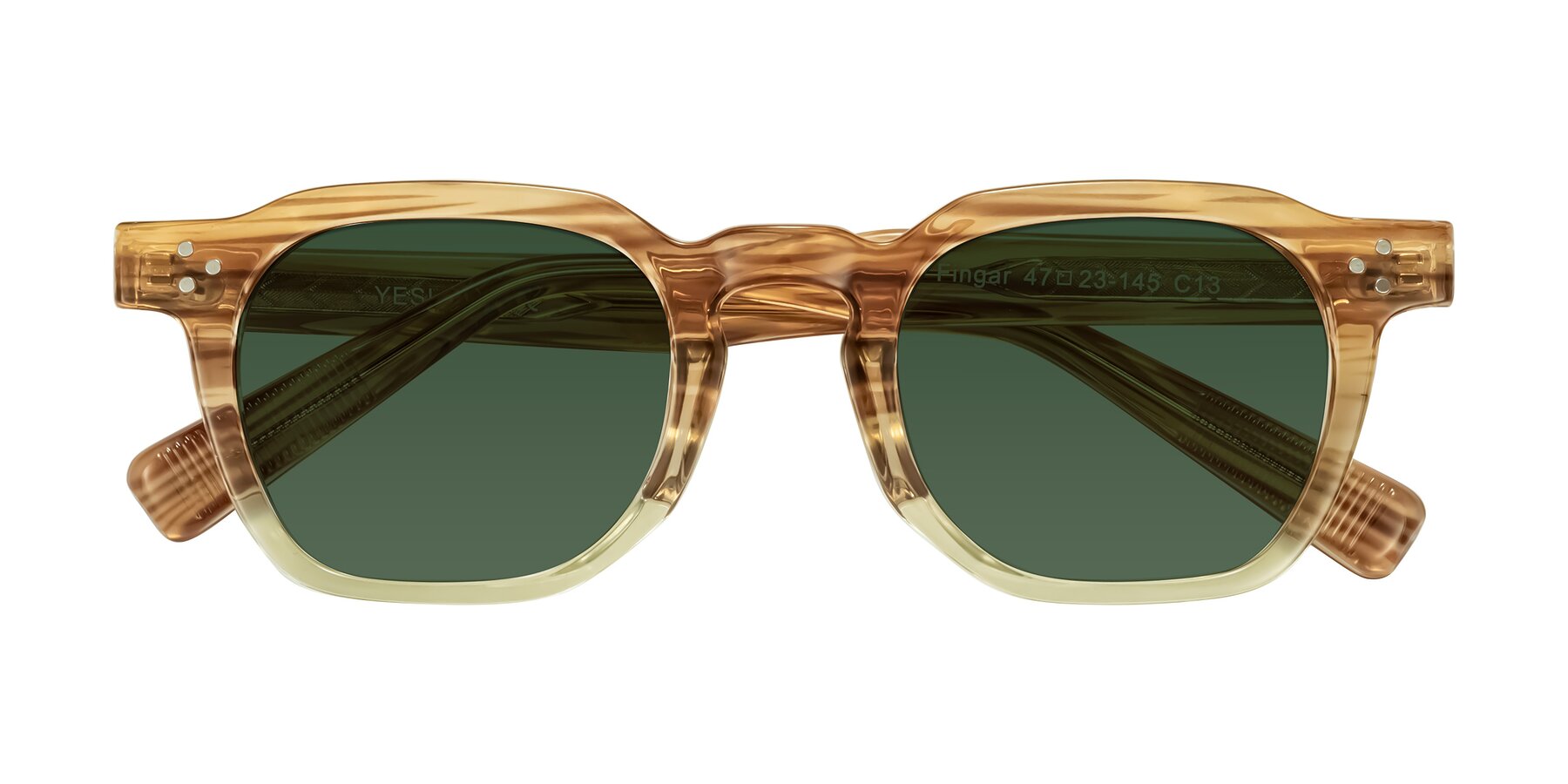 Folded Front of Fingar in Champagne Striped with Green Tinted Lenses