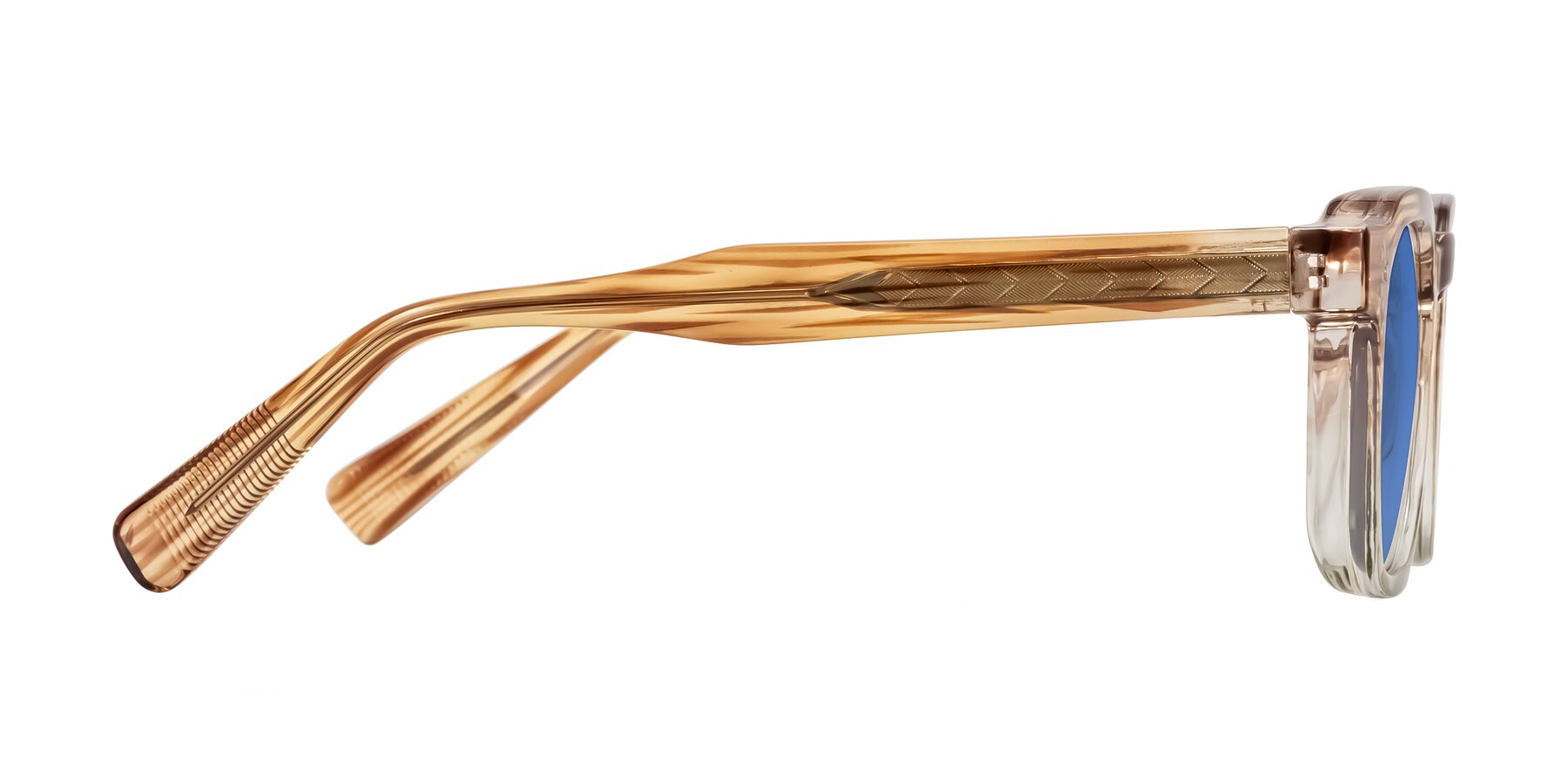 Side of Fingar in Champagne Striped with Blue Tinted Lenses