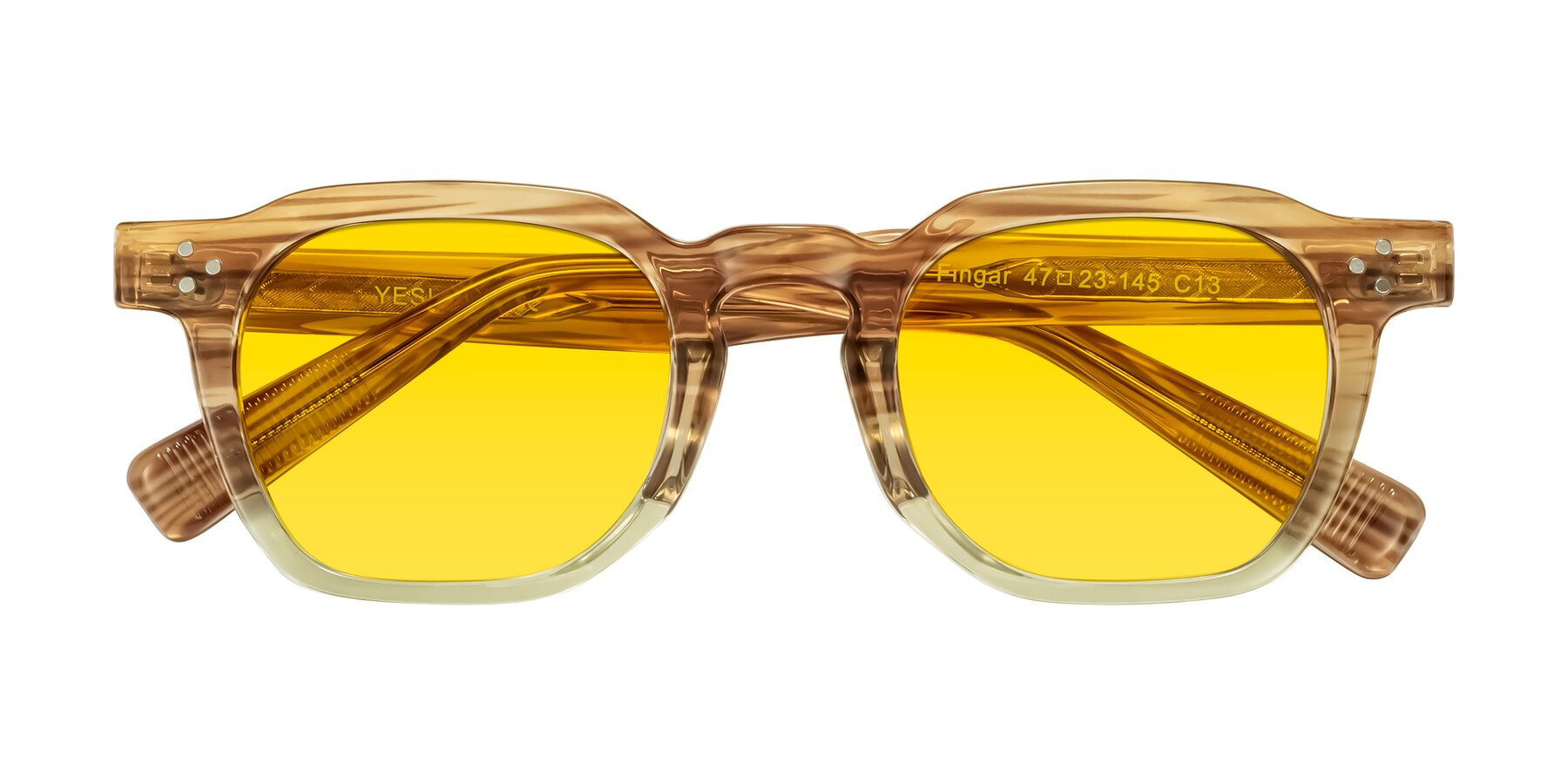 Folded Front of Fingar in Champagne Striped with Yellow Tinted Lenses