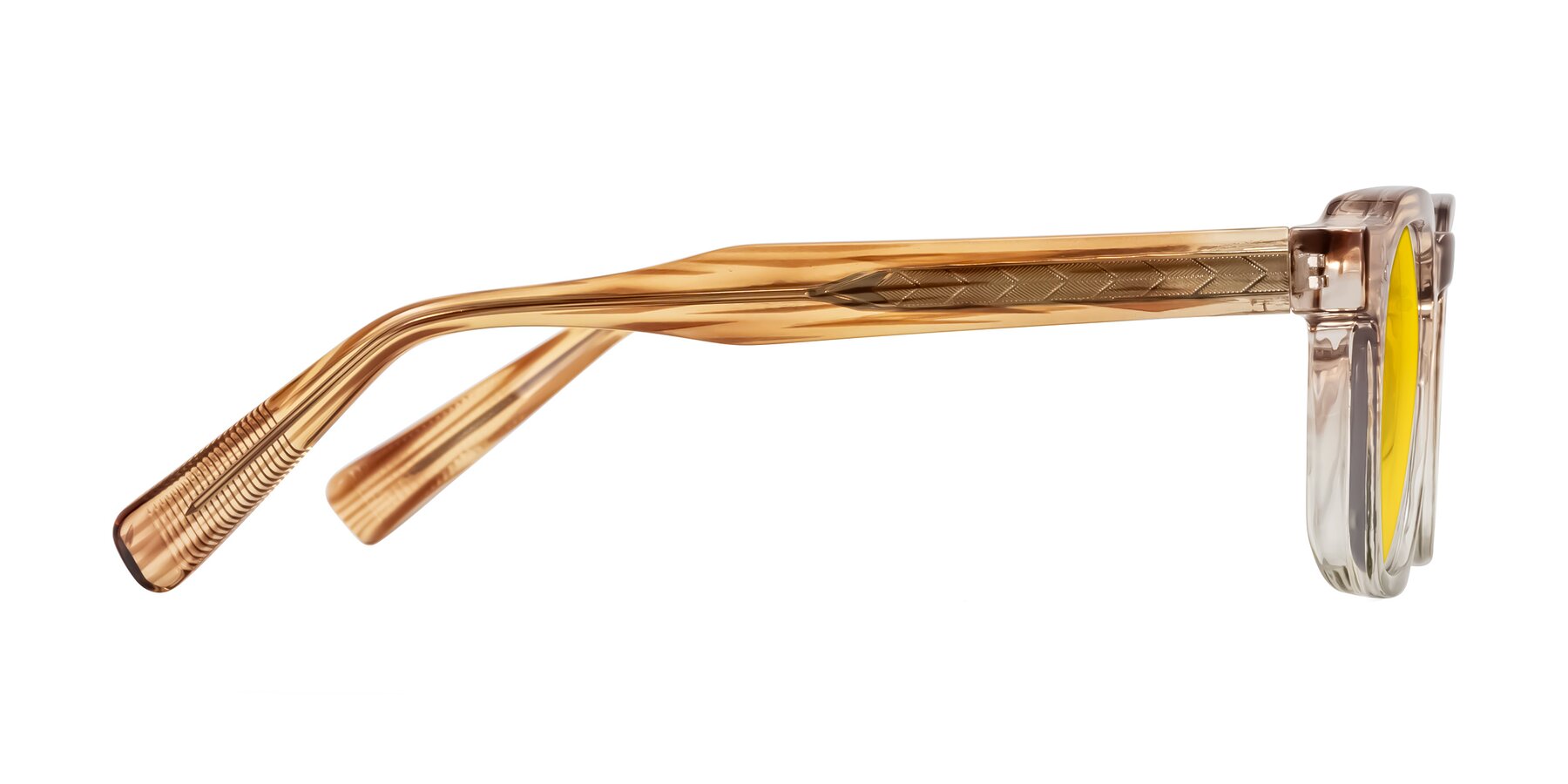 Side of Fingar in Champagne Striped with Yellow Tinted Lenses