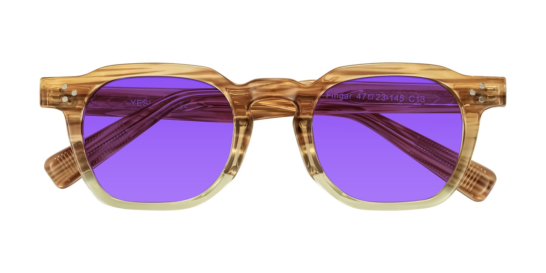 Folded Front of Fingar in Champagne Striped with Purple Tinted Lenses