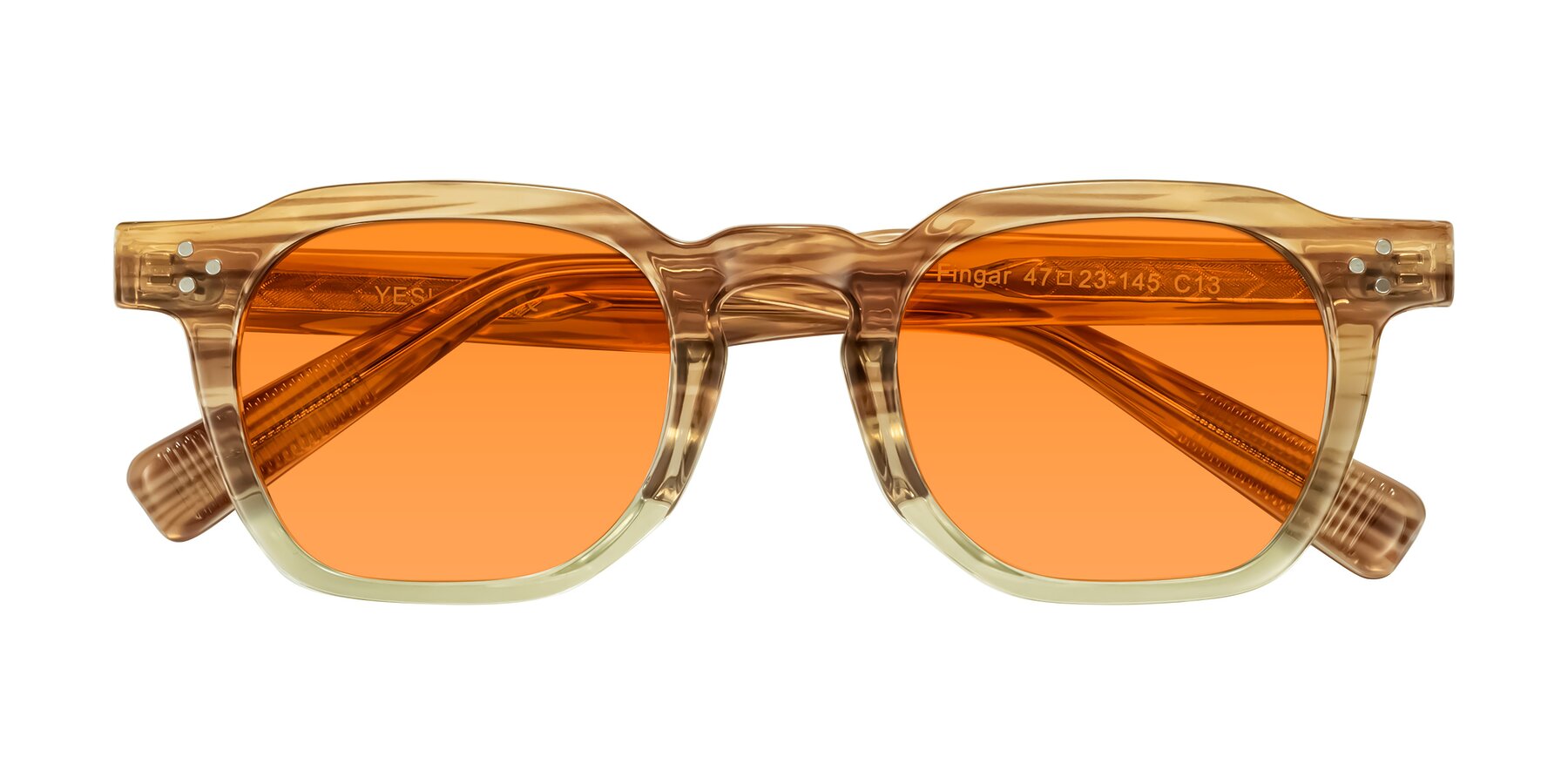Folded Front of Fingar in Champagne Striped with Orange Tinted Lenses