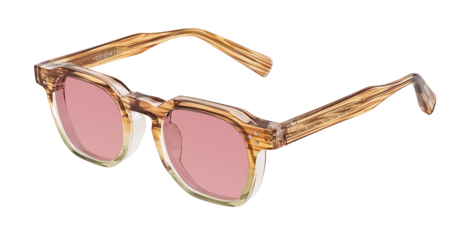 Angle of Fingar in Champagne Striped with Medium Garnet Tinted Lenses