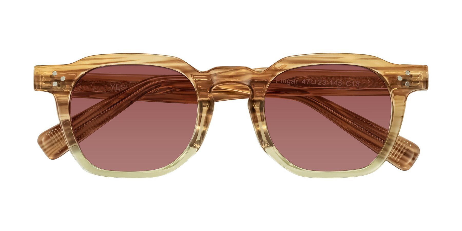 Folded Front of Fingar in Champagne Striped with Garnet Tinted Lenses