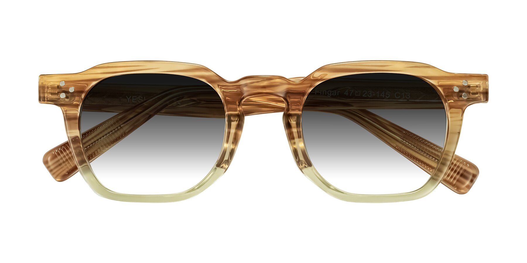 Folded Front of Fingar in Champagne Striped with Gray Gradient Lenses
