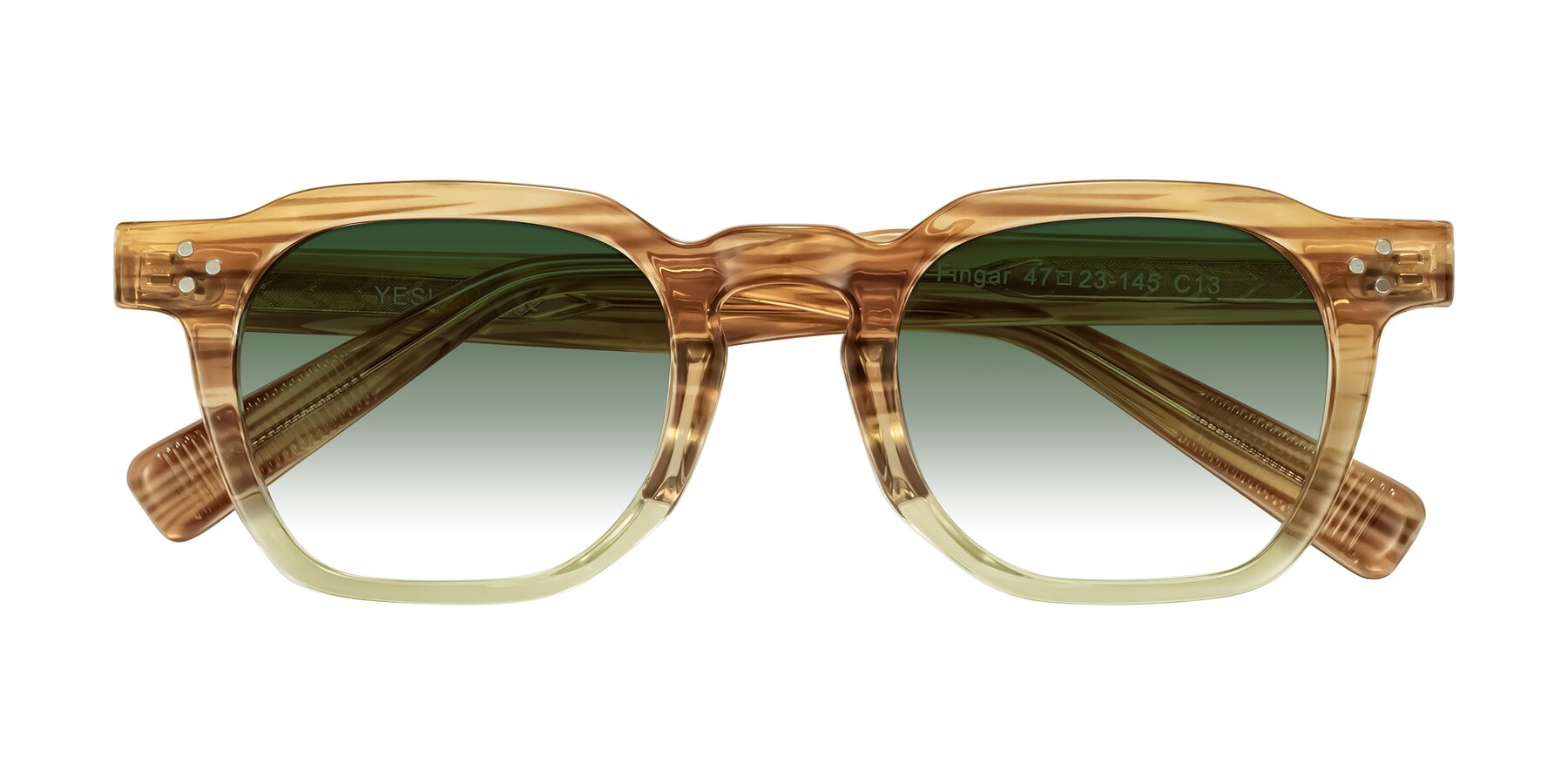 Folded Front of Fingar in Champagne Striped with Green Gradient Lenses