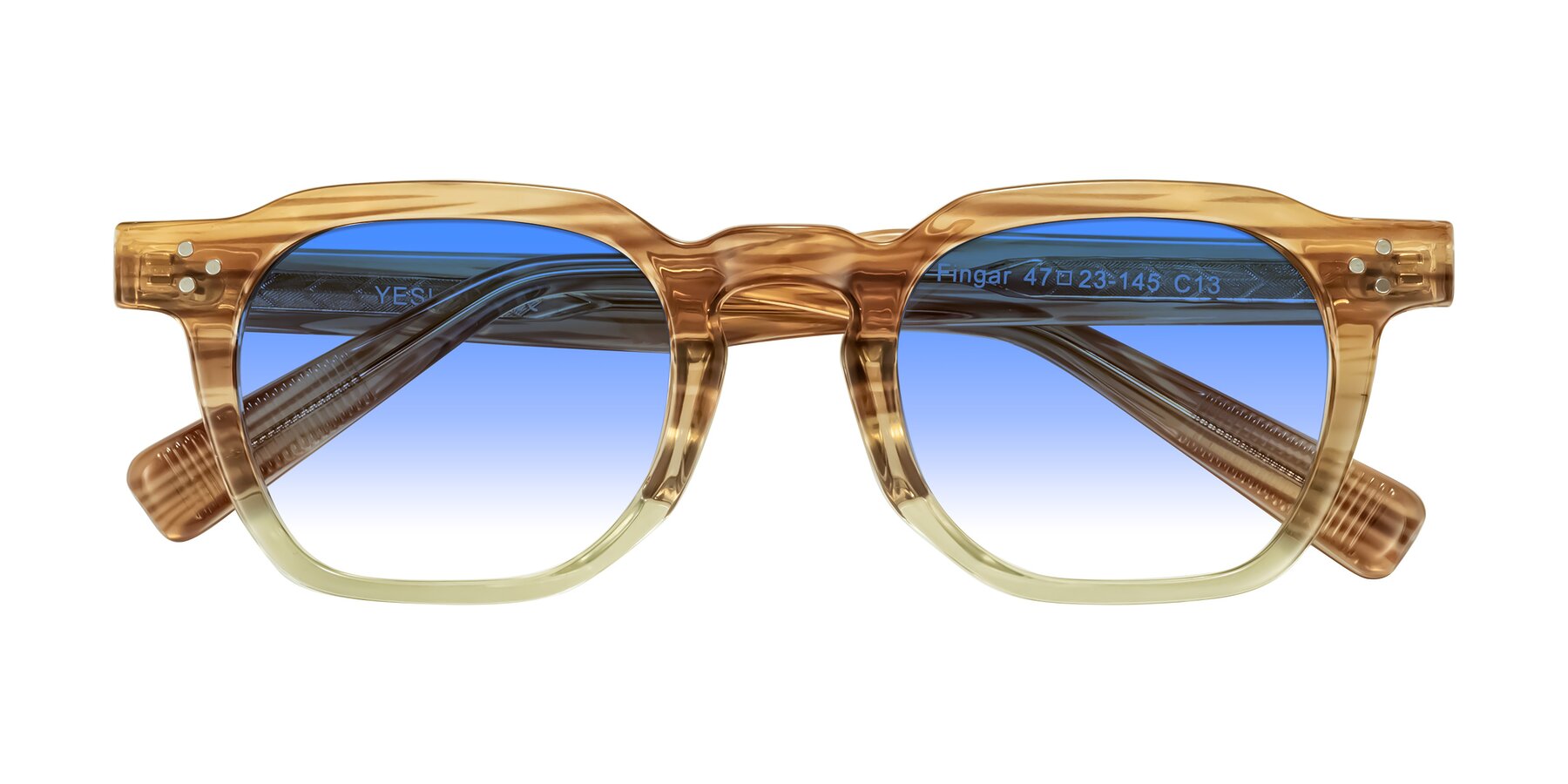 Folded Front of Fingar in Champagne Striped with Blue Gradient Lenses