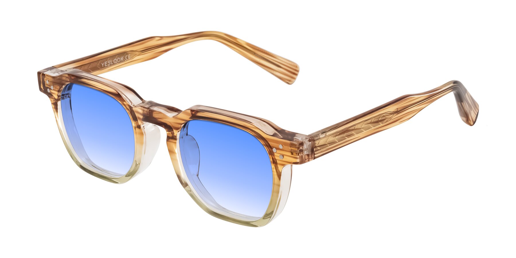 Angle of Fingar in Champagne Striped with Blue Gradient Lenses