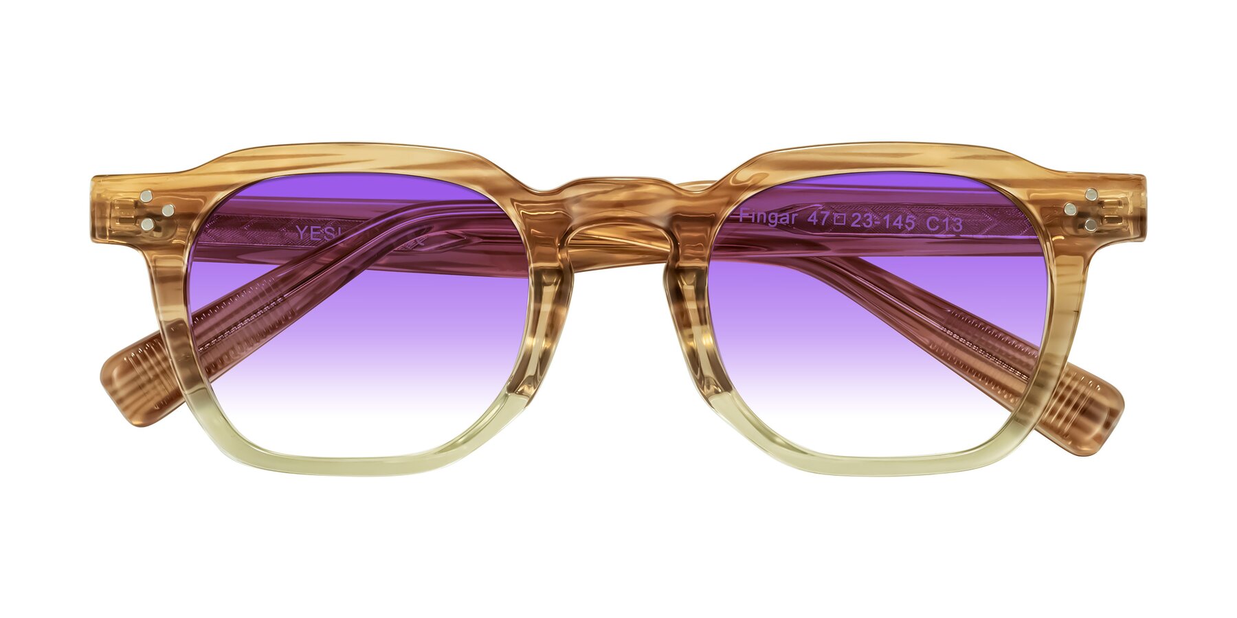 Folded Front of Fingar in Champagne Striped with Purple Gradient Lenses