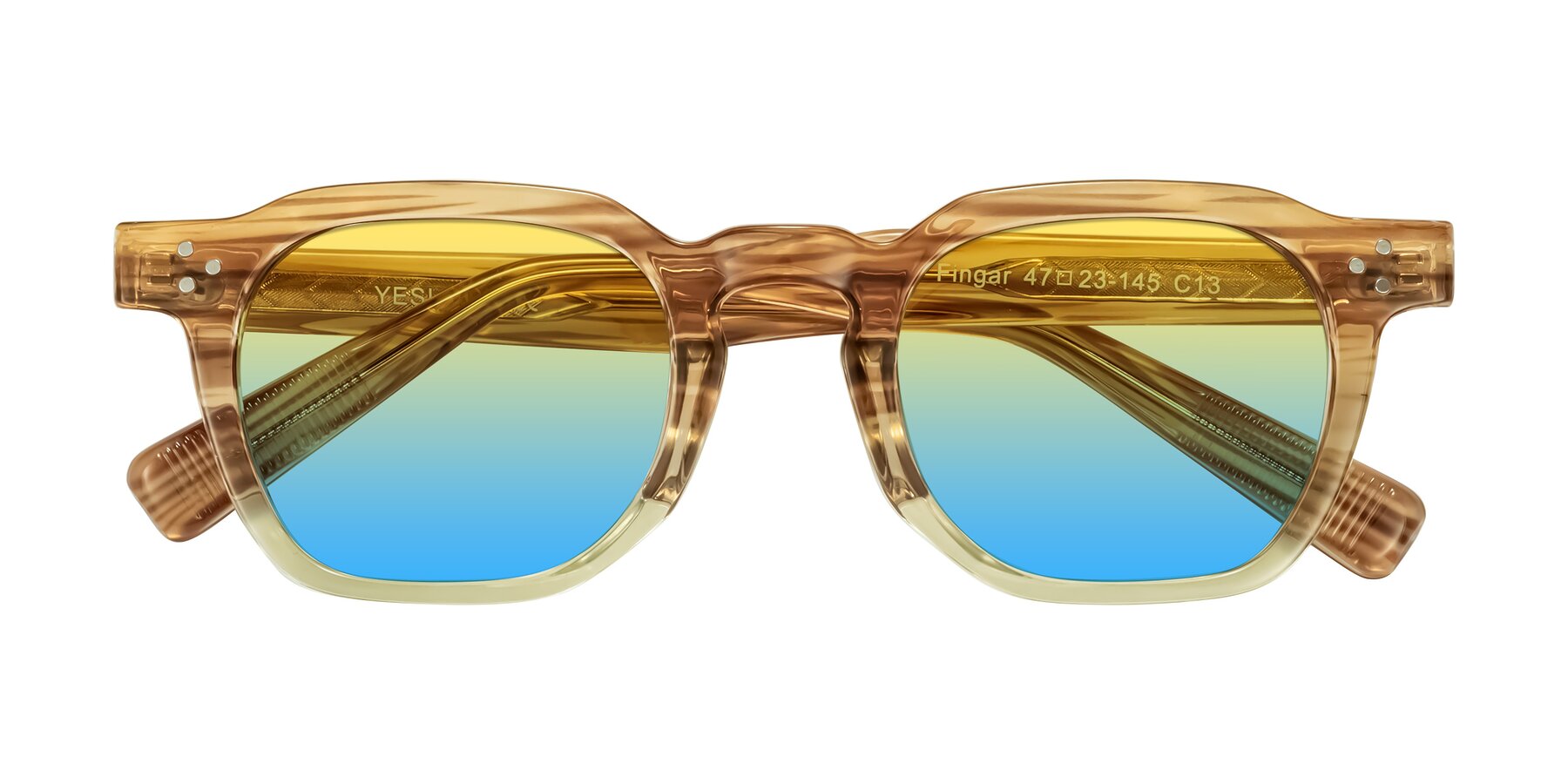 Folded Front of Fingar in Champagne Striped with Yellow / Blue Gradient Lenses
