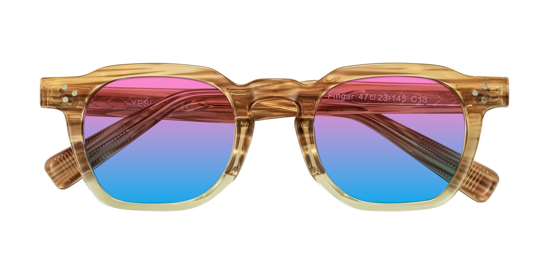 Folded Front of Fingar in Champagne Striped with Pink / Blue Gradient Lenses