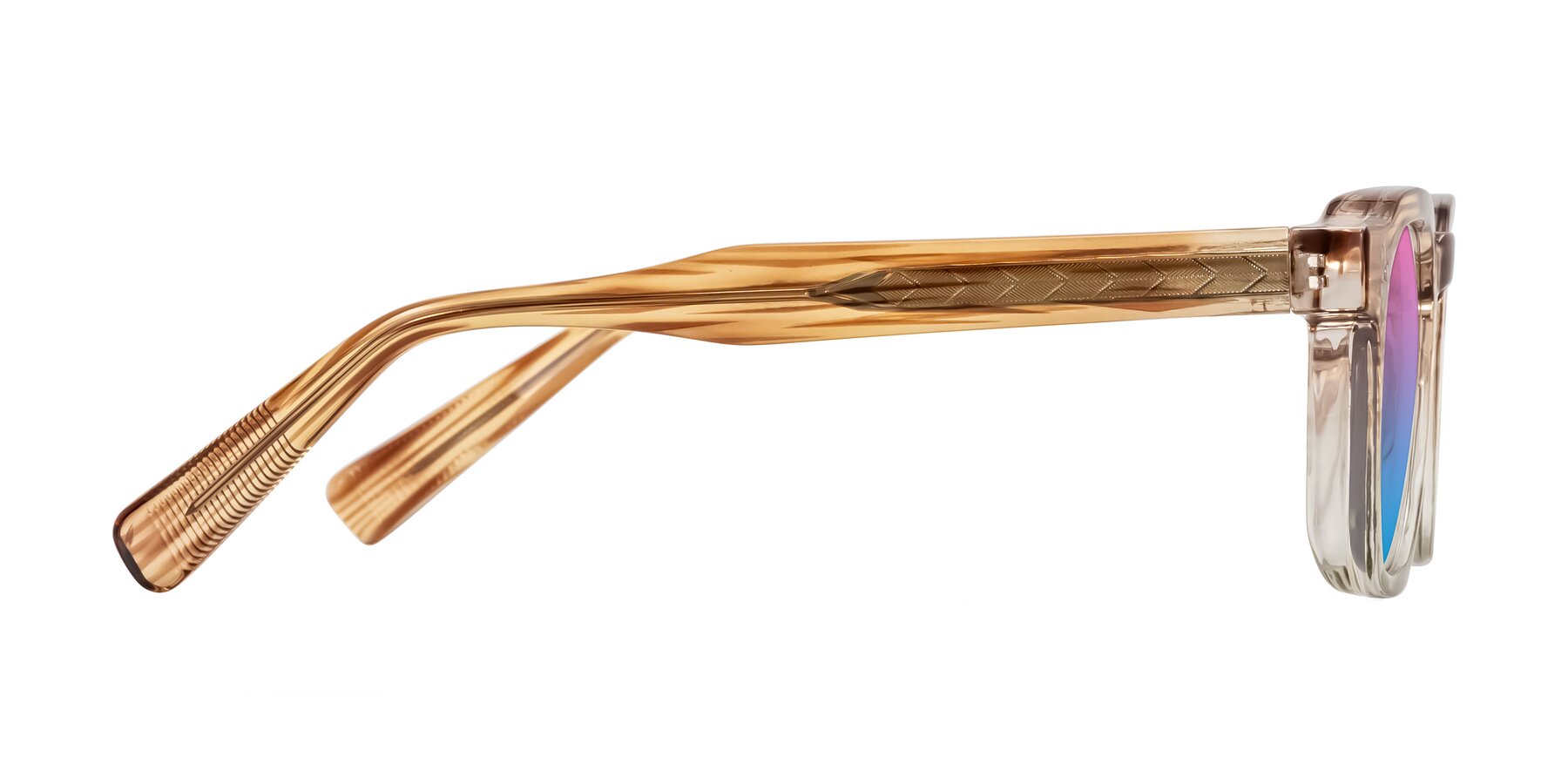 Side of Fingar in Champagne Striped with Pink / Blue Gradient Lenses