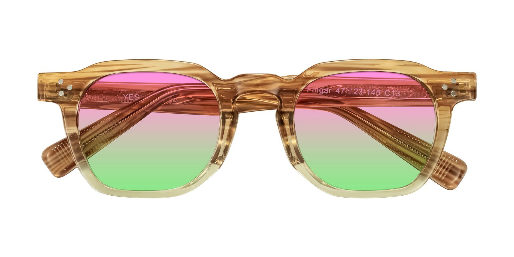 Folded Front of Fingar in Champagne Striped with Pink / Green Gradient Lenses