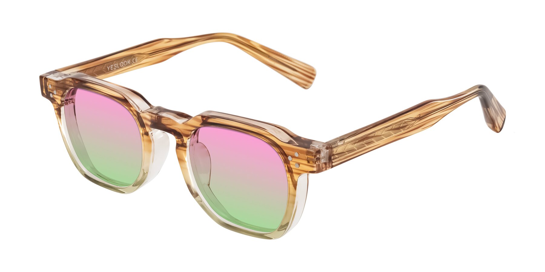 Angle of Fingar in Champagne Striped with Pink / Green Gradient Lenses