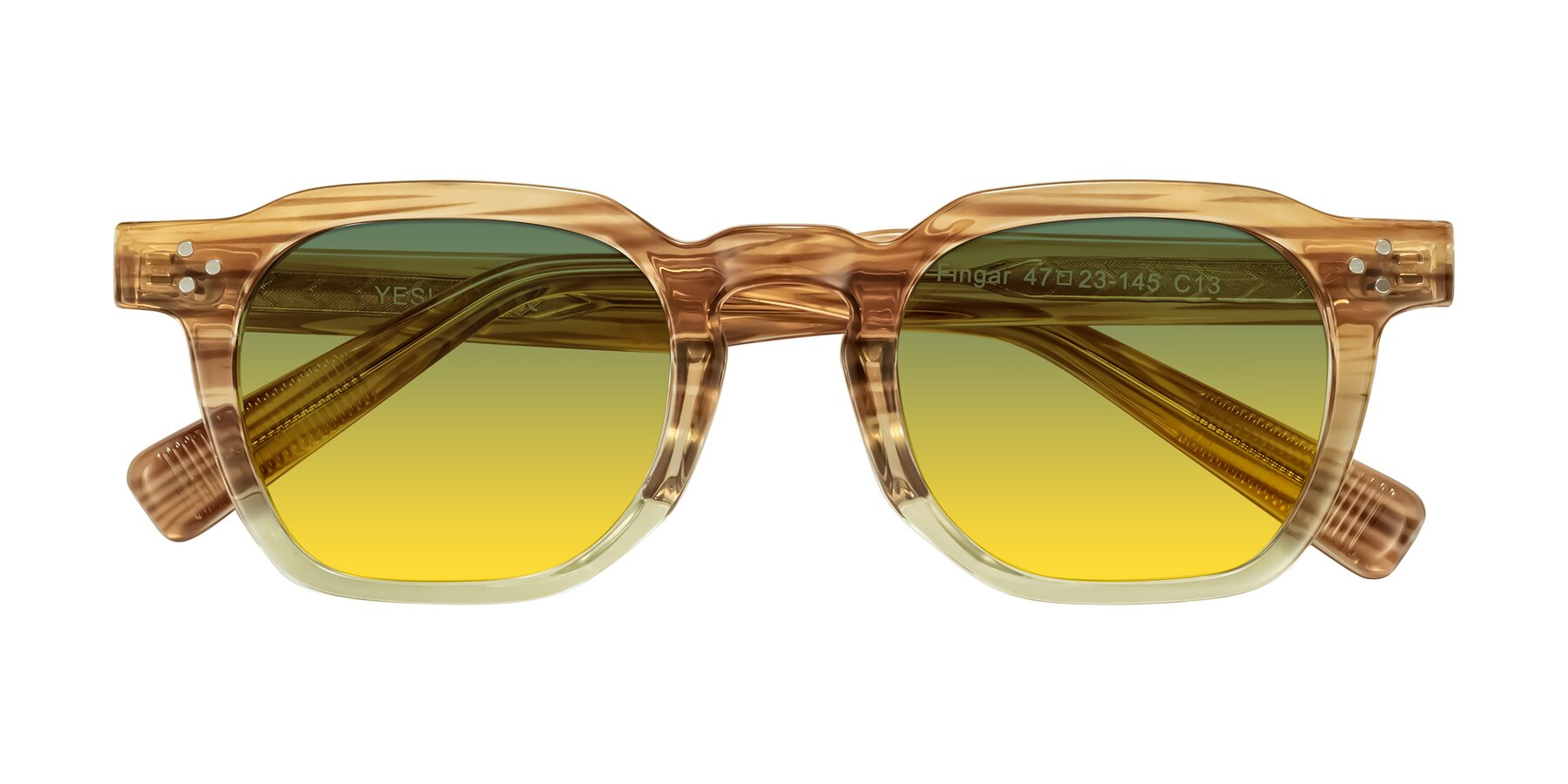 Folded Front of Fingar in Champagne Striped with Green / Yellow Gradient Lenses