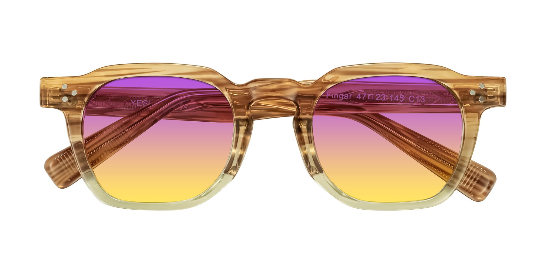 Folded Front of Fingar in Champagne Striped with Purple / Yellow Gradient Lenses