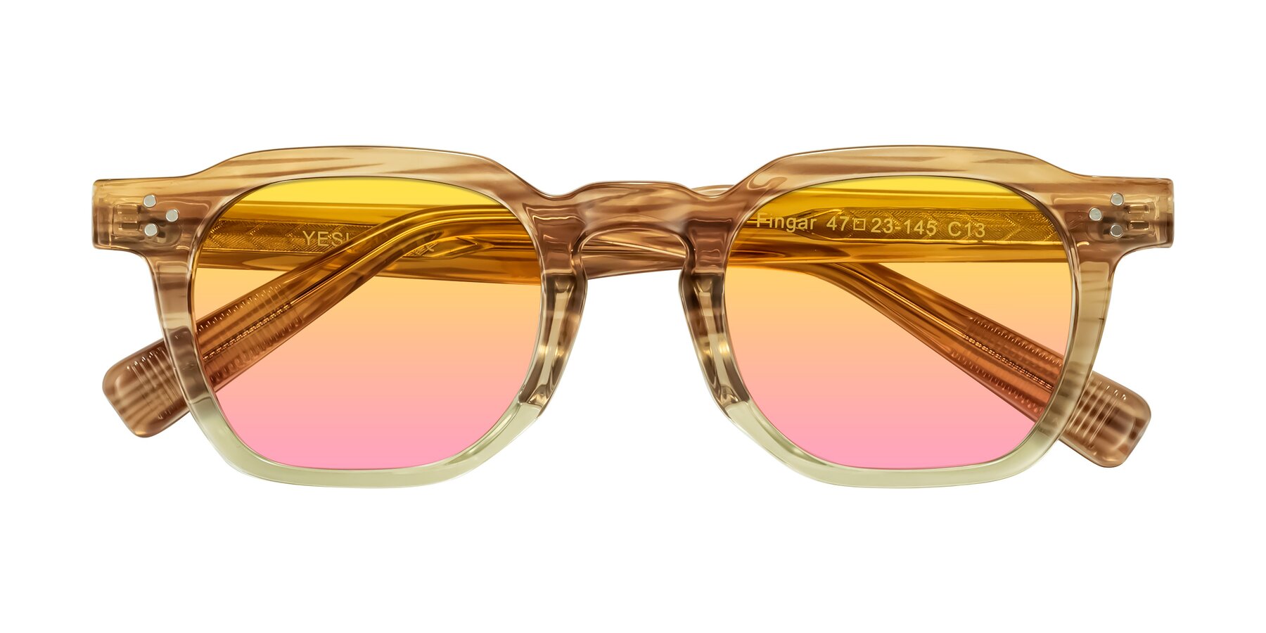 Folded Front of Fingar in Champagne Striped with Yellow / Pink Gradient Lenses