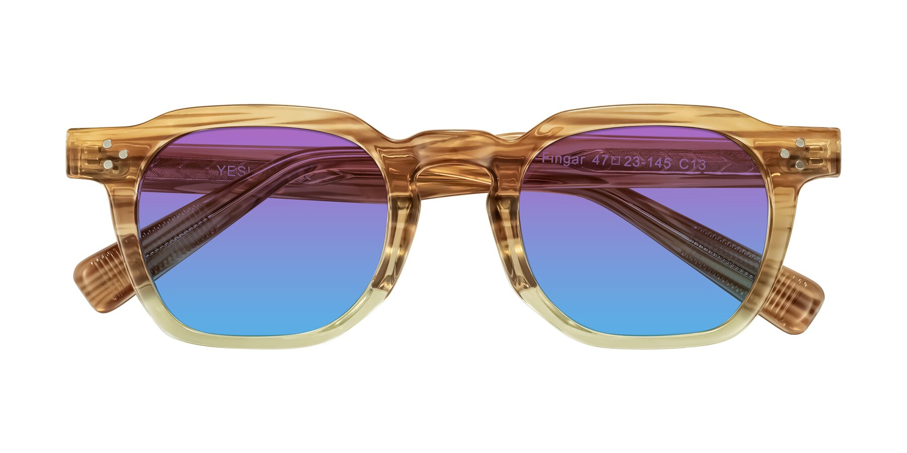 Folded Front of Fingar in Champagne Striped with Purple / Blue Gradient Lenses
