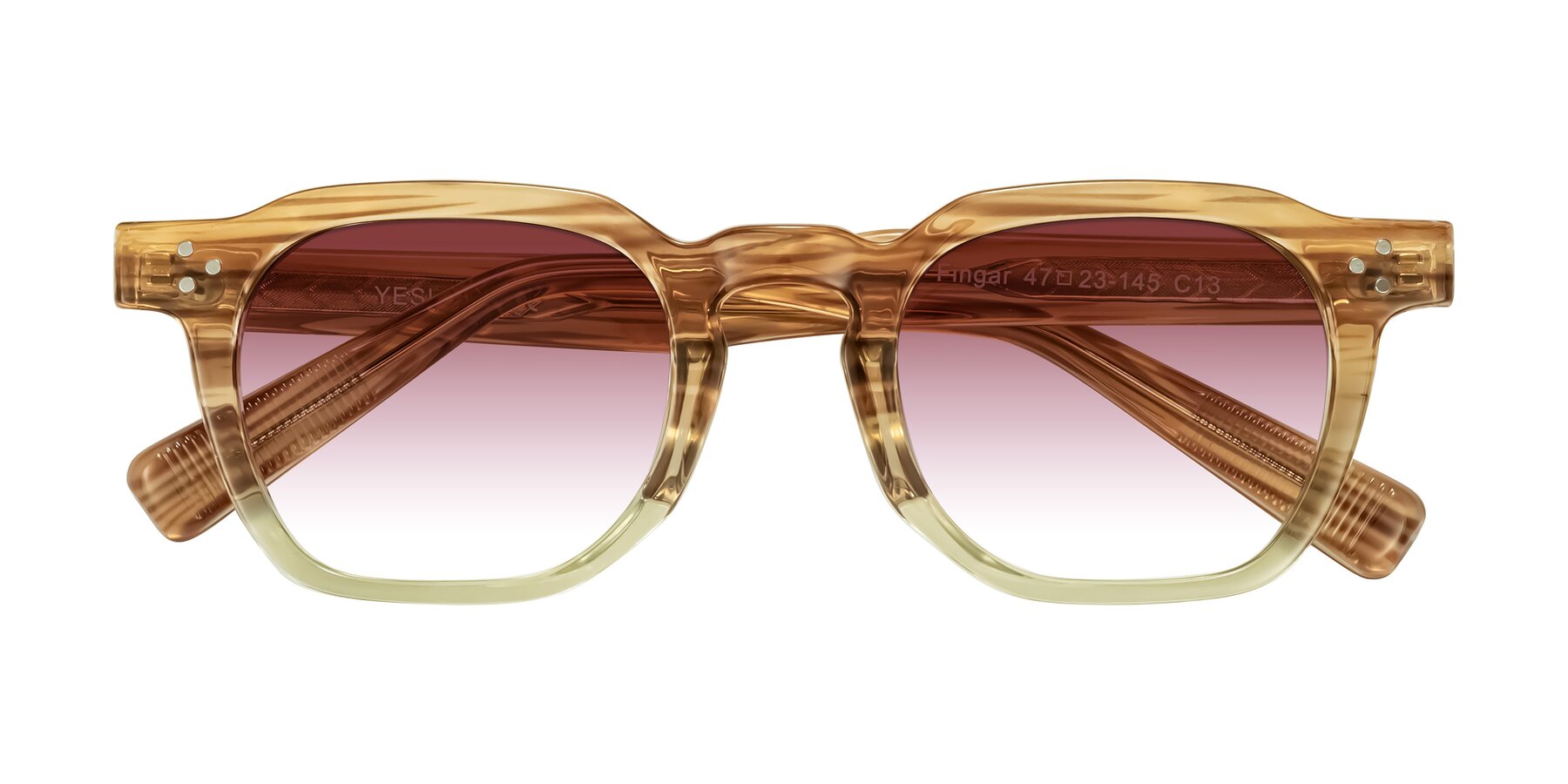 Folded Front of Fingar in Champagne Striped with Garnet Gradient Lenses