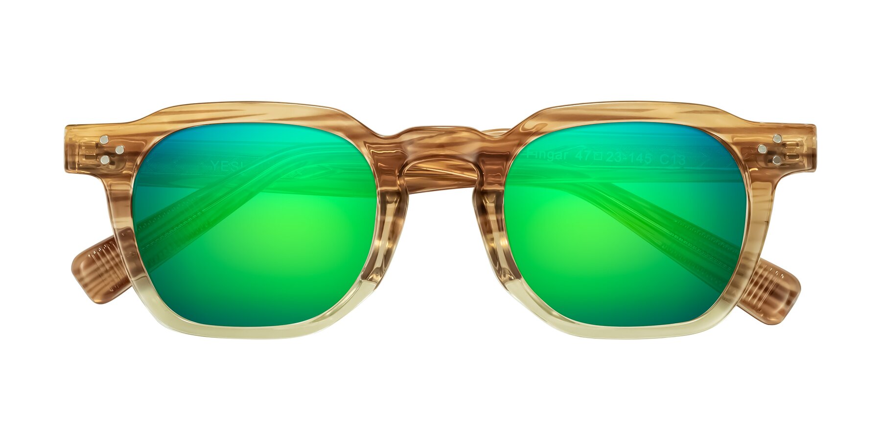 Folded Front of Fingar in Champagne Striped with Green Mirrored Lenses