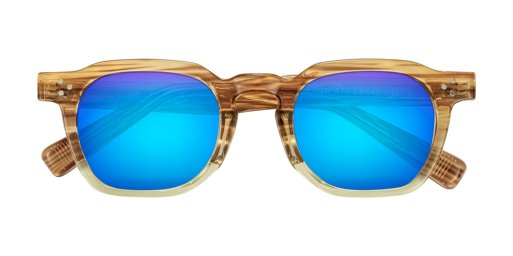 Folded Front of Fingar in Champagne Striped with Blue Mirrored Lenses