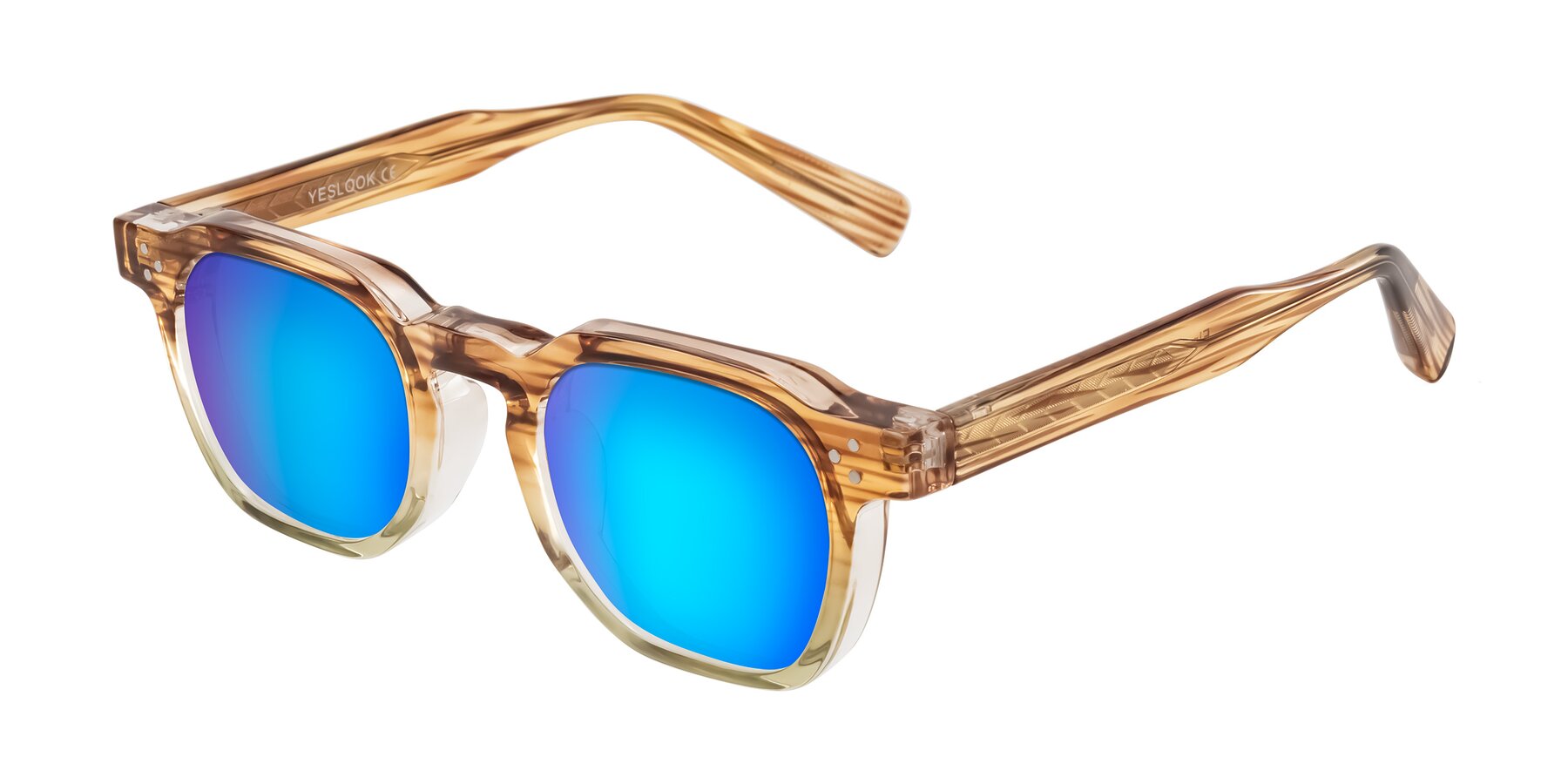 Angle of Fingar in Champagne Striped with Blue Mirrored Lenses