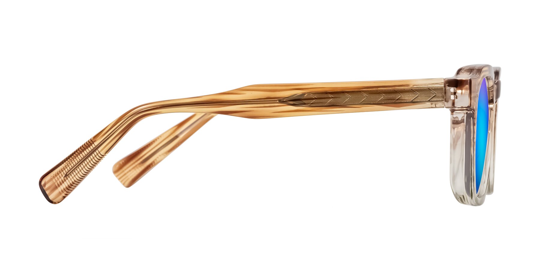 Side of Fingar in Champagne Striped with Blue Mirrored Lenses