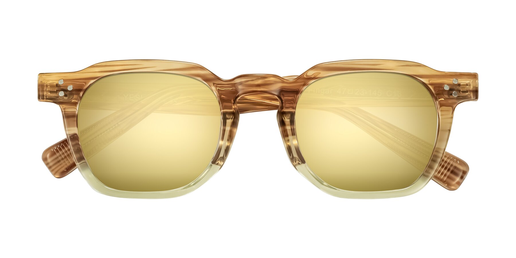 Folded Front of Fingar in Champagne Striped with Gold Mirrored Lenses