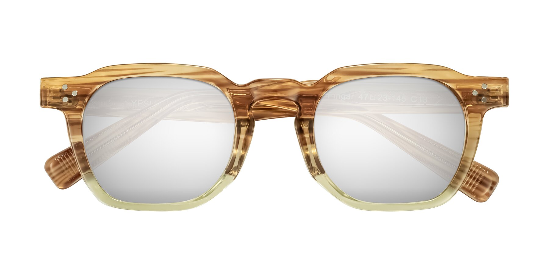 Folded Front of Fingar in Champagne Striped with Silver Mirrored Lenses