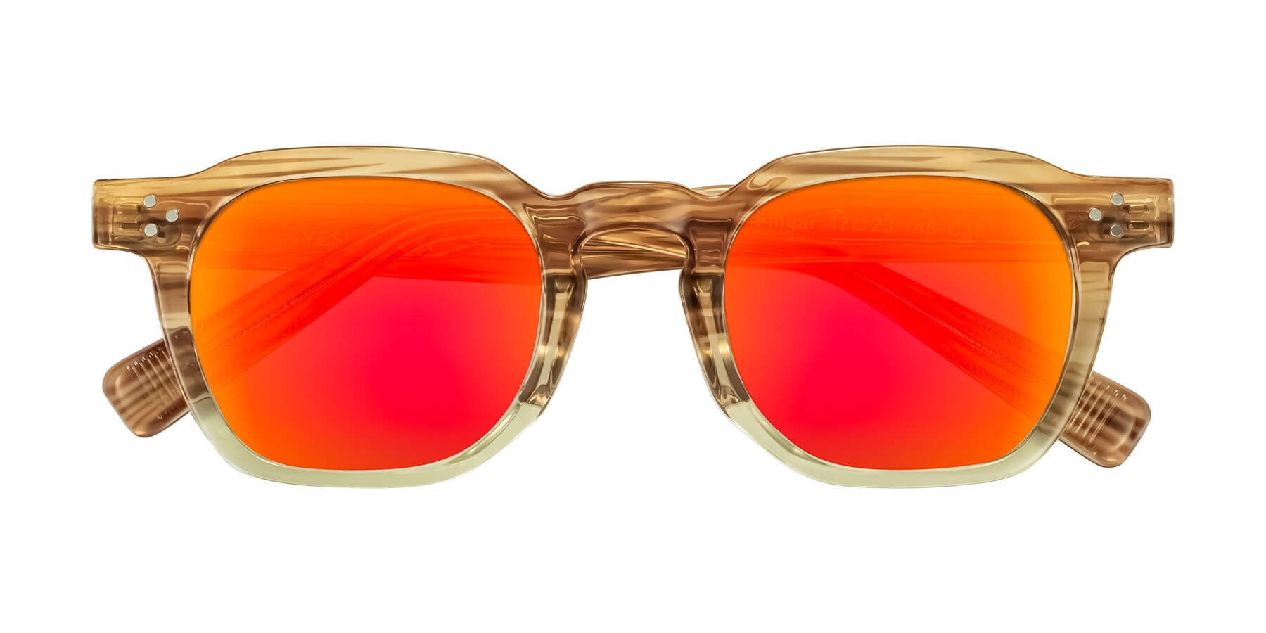 Folded Front of Fingar in Champagne Striped with Red Gold Mirrored Lenses