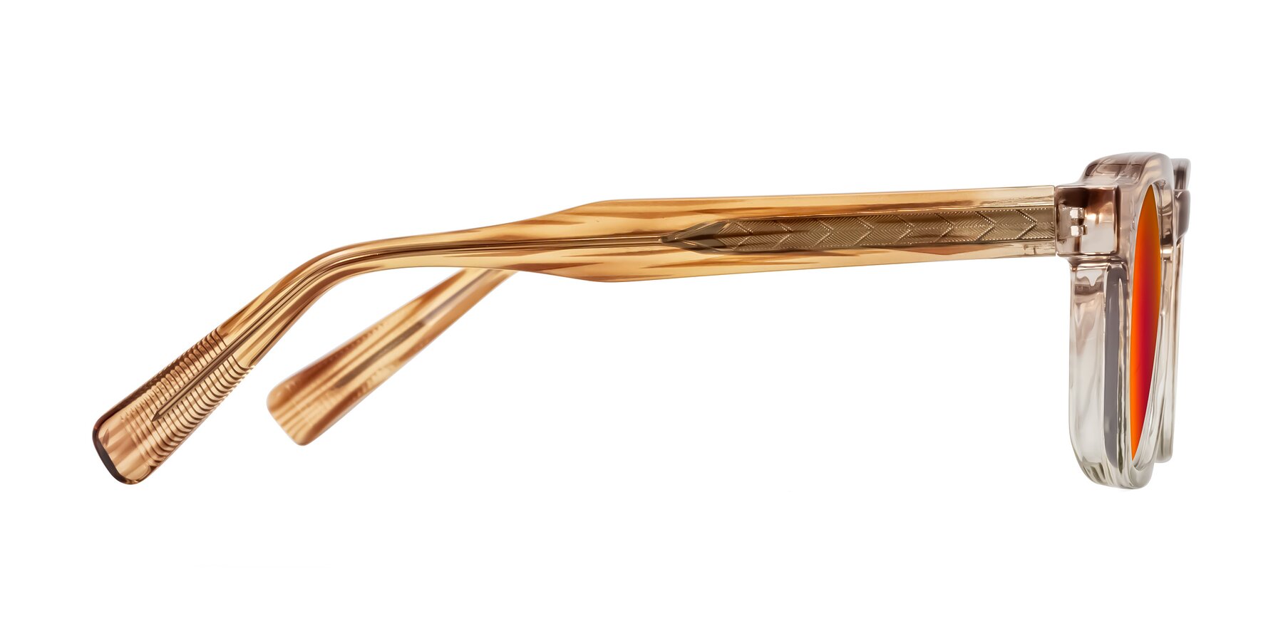 Side of Fingar in Champagne Striped with Red Gold Mirrored Lenses