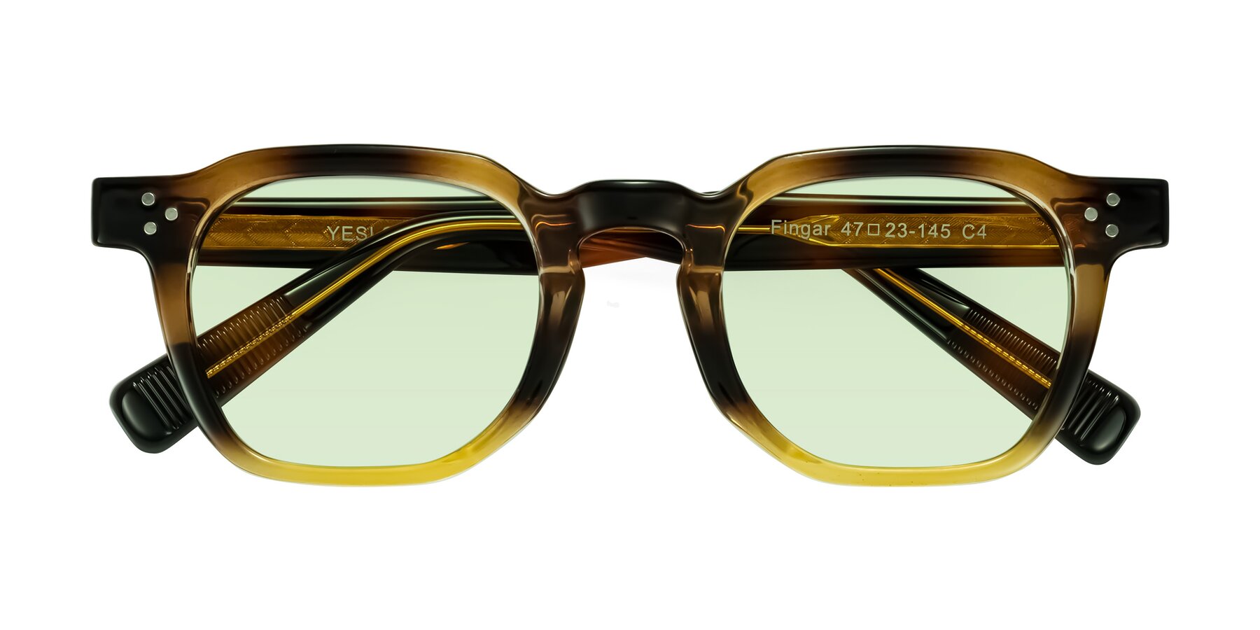Folded Front of Fingar in Brown Tortoise with Light Green Tinted Lenses