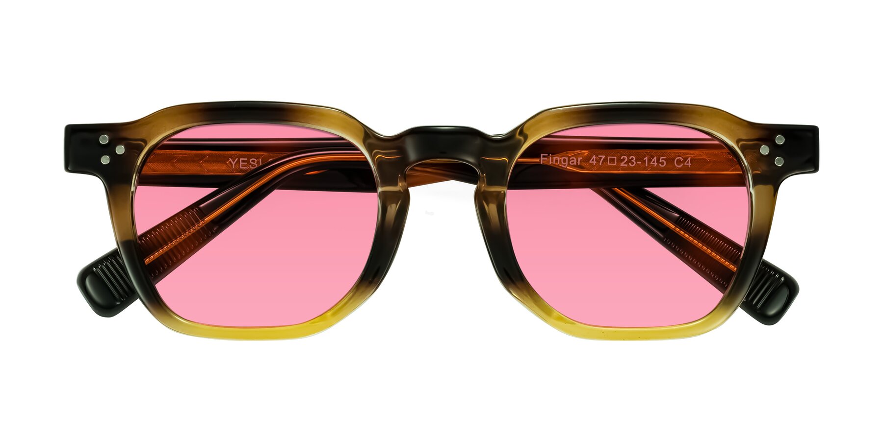 Folded Front of Fingar in Brown Tortoise with Pink Tinted Lenses