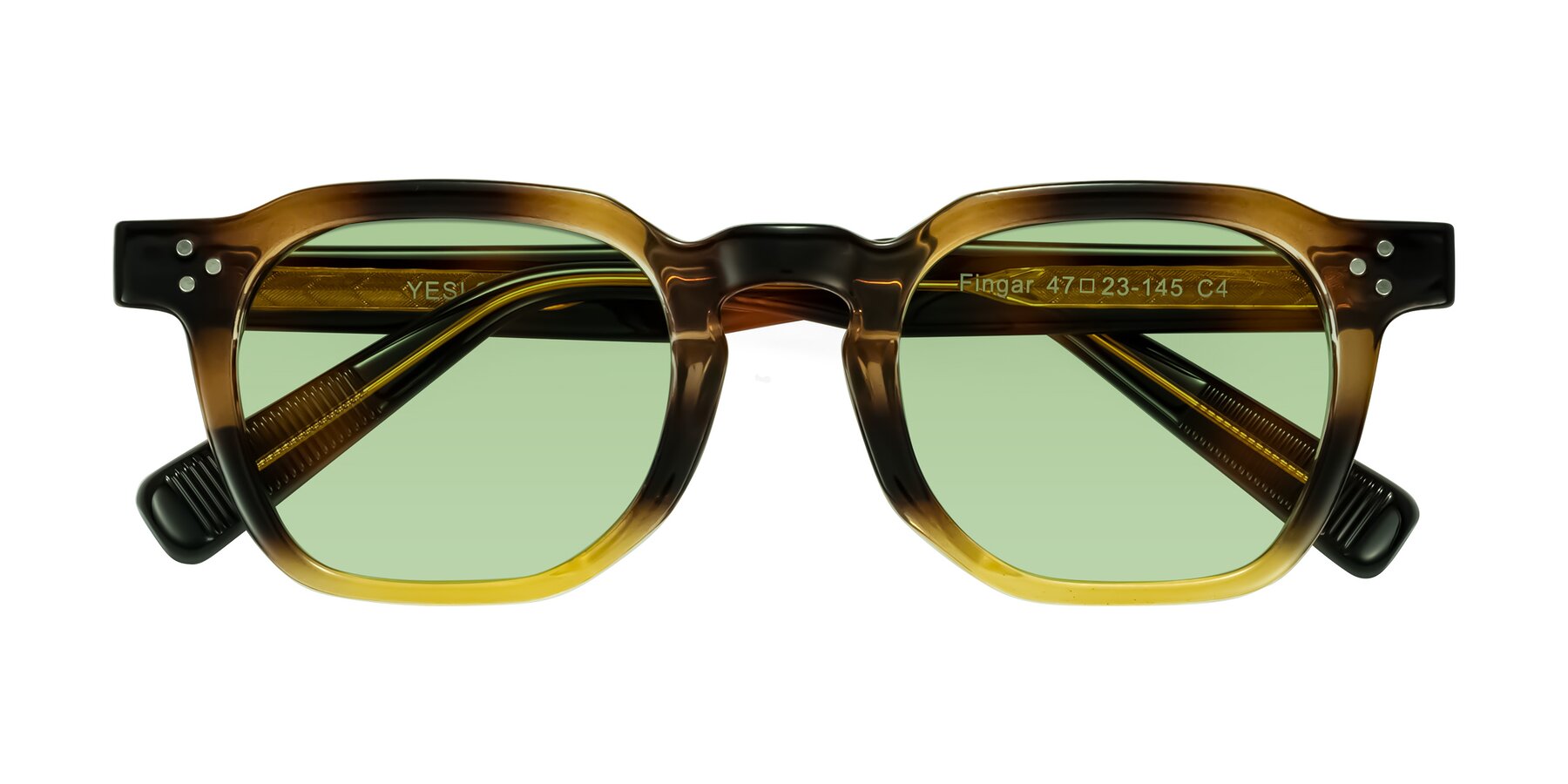 Folded Front of Fingar in Brown Tortoise with Medium Green Tinted Lenses