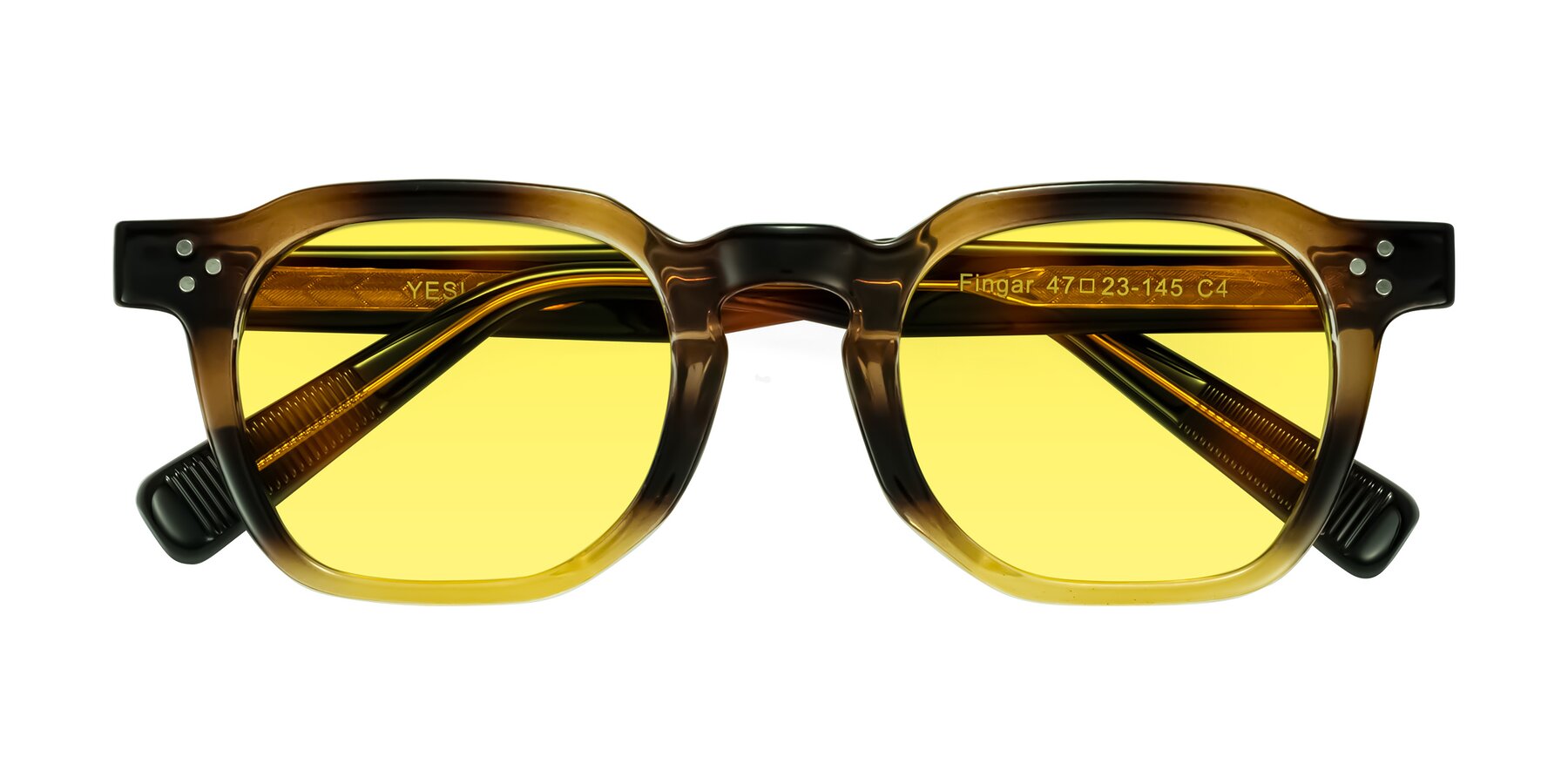 Folded Front of Fingar in Brown Tortoise with Medium Yellow Tinted Lenses