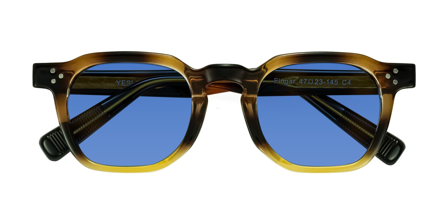 Folded Front of Fingar in Brown Tortoise with Blue Tinted Lenses