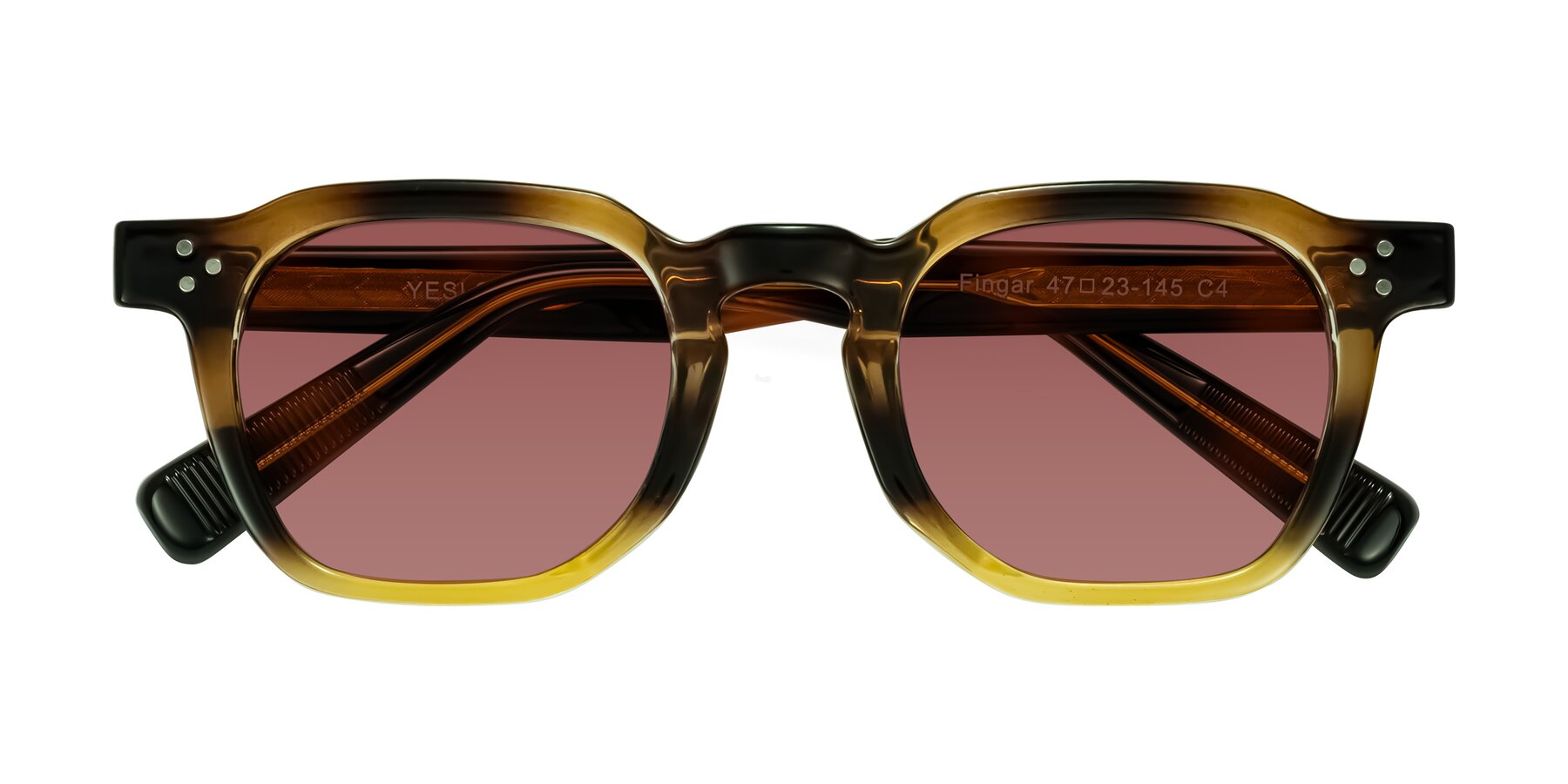 Folded Front of Fingar in Brown Tortoise with Garnet Tinted Lenses