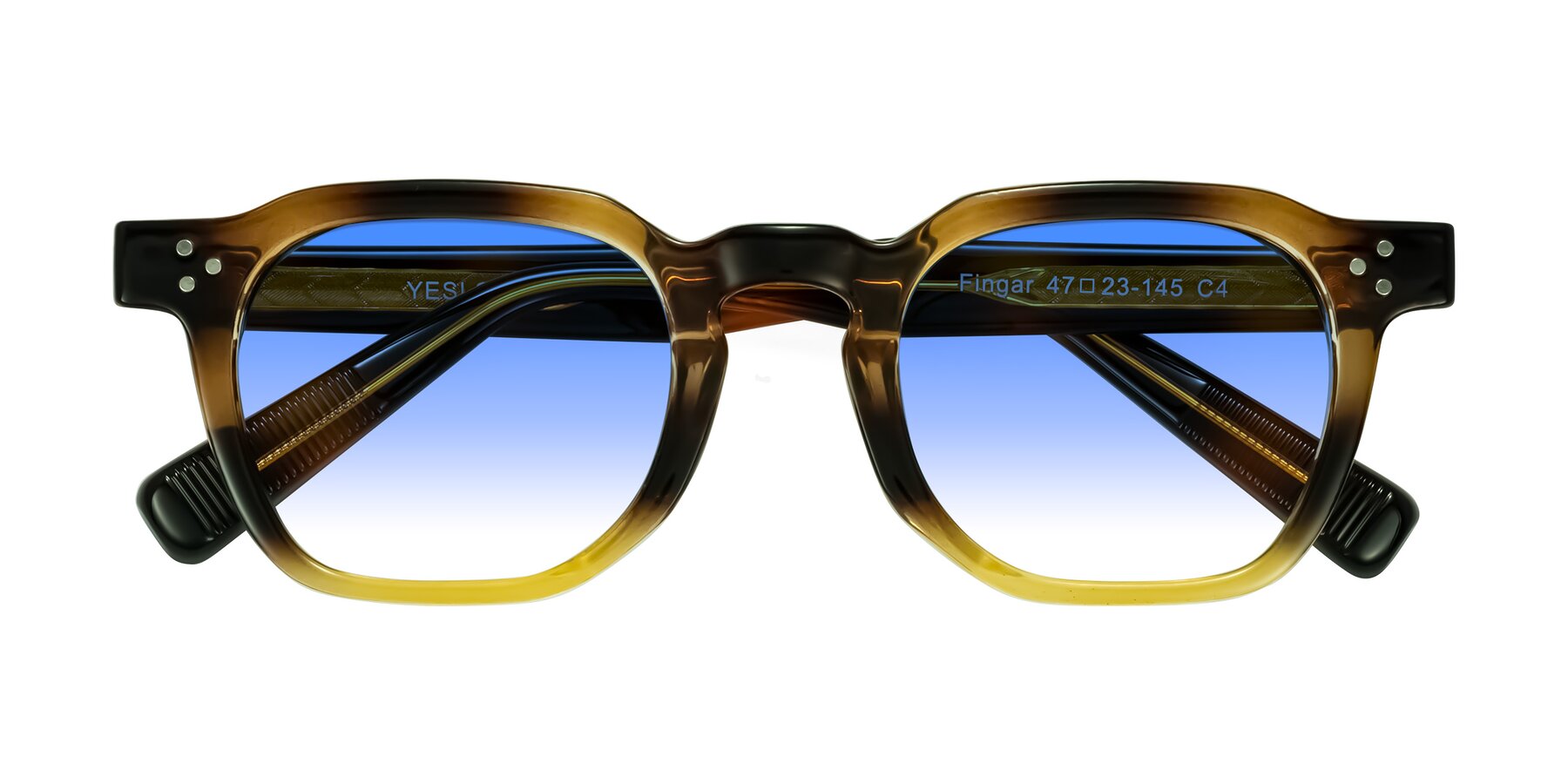 Folded Front of Fingar in Brown Tortoise with Blue Gradient Lenses