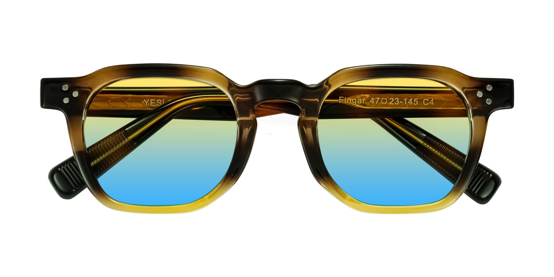 Folded Front of Fingar in Brown Tortoise with Yellow / Blue Gradient Lenses
