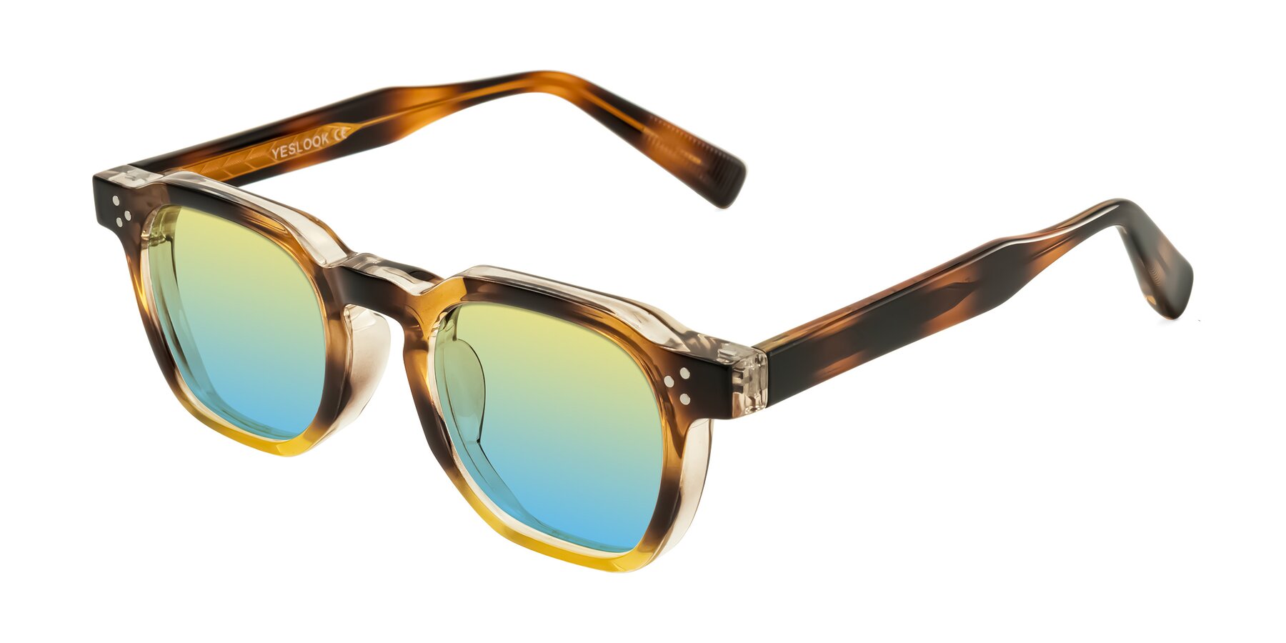Angle of Fingar in Brown Tortoise with Yellow / Blue Gradient Lenses