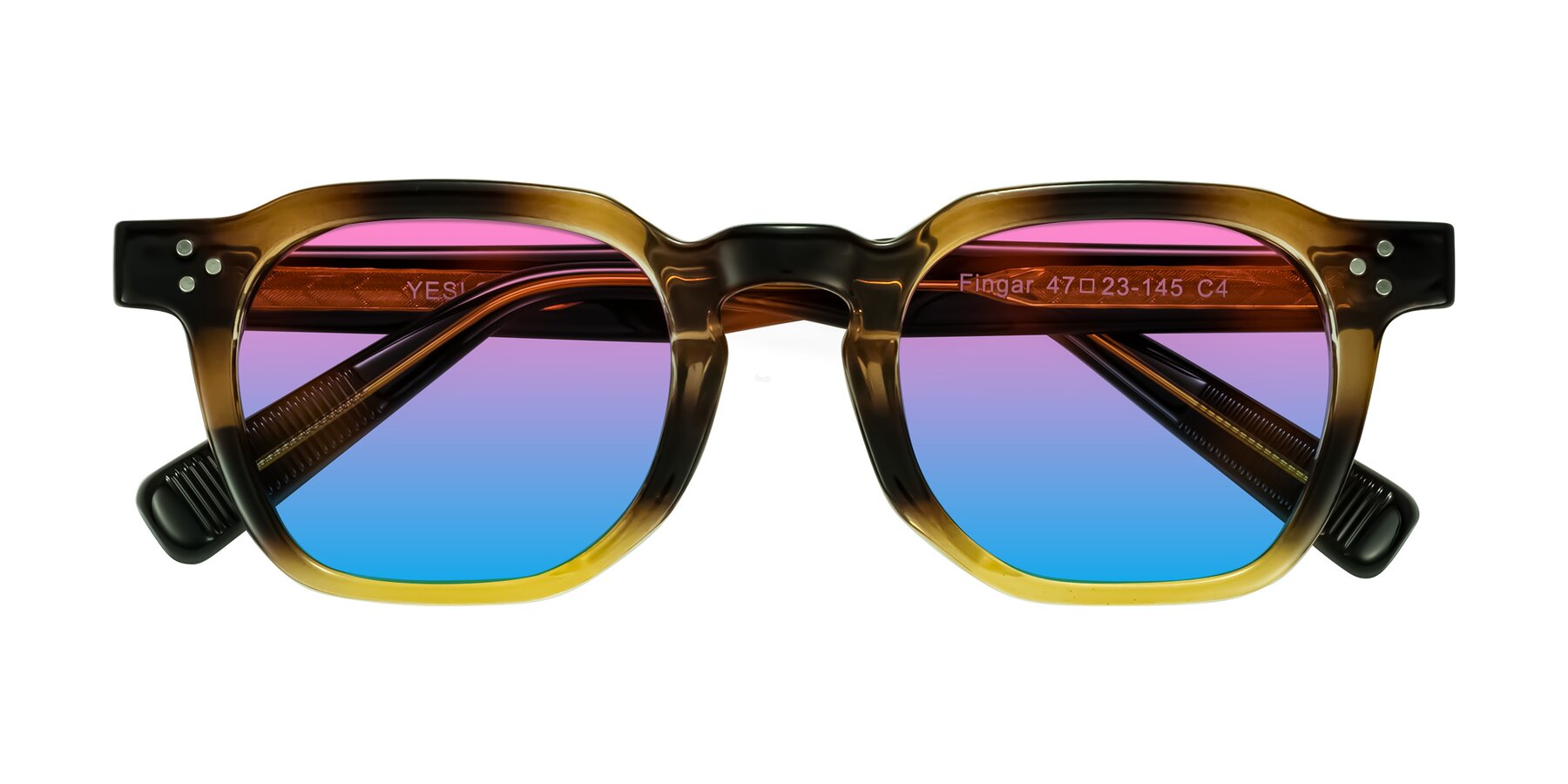 Folded Front of Fingar in Brown Tortoise with Pink / Blue Gradient Lenses