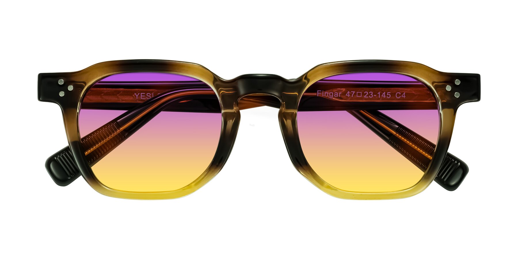 Folded Front of Fingar in Brown Tortoise with Purple / Yellow Gradient Lenses