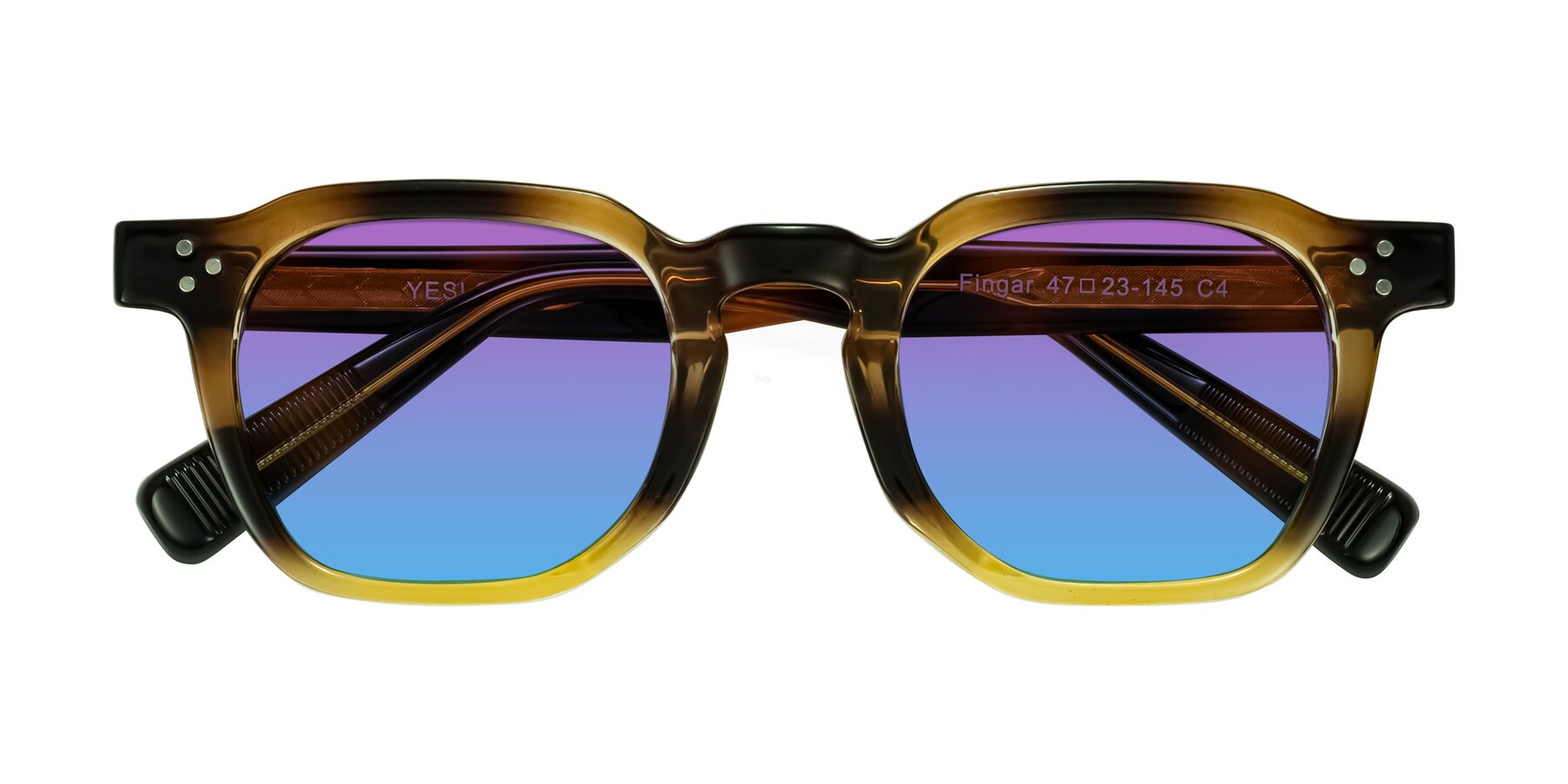 Folded Front of Fingar in Brown Tortoise with Purple / Blue Gradient Lenses