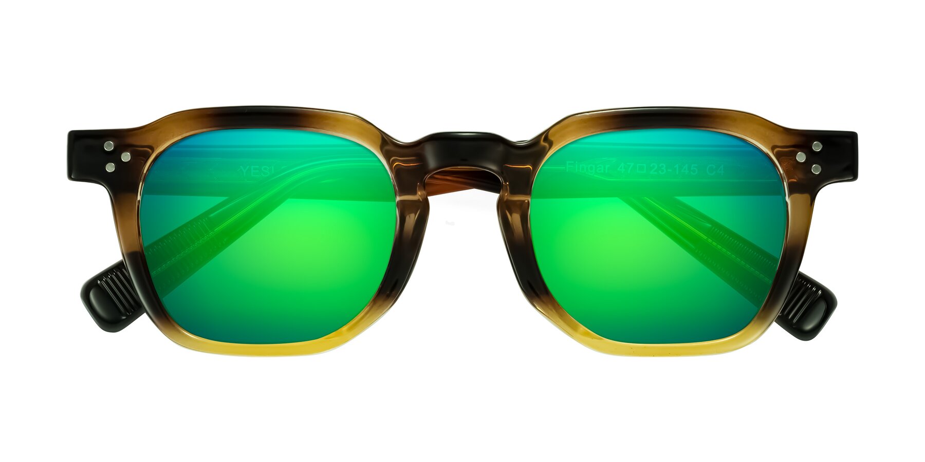 Folded Front of Fingar in Brown Tortoise with Green Mirrored Lenses
