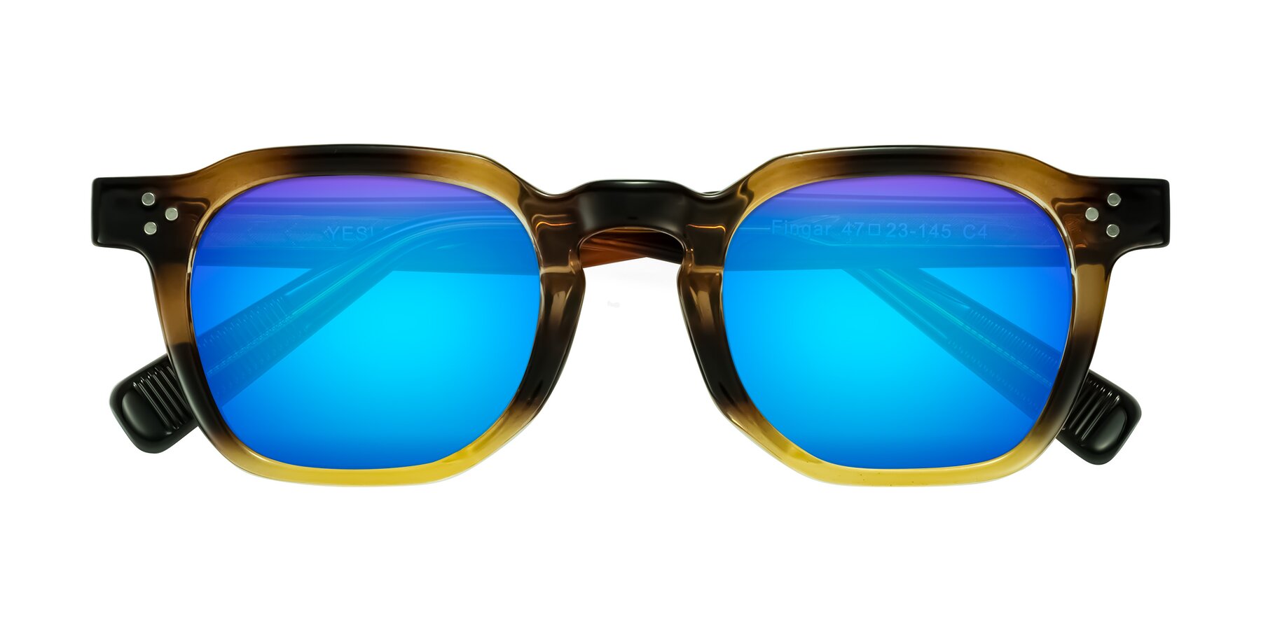 Folded Front of Fingar in Brown Tortoise with Blue Mirrored Lenses