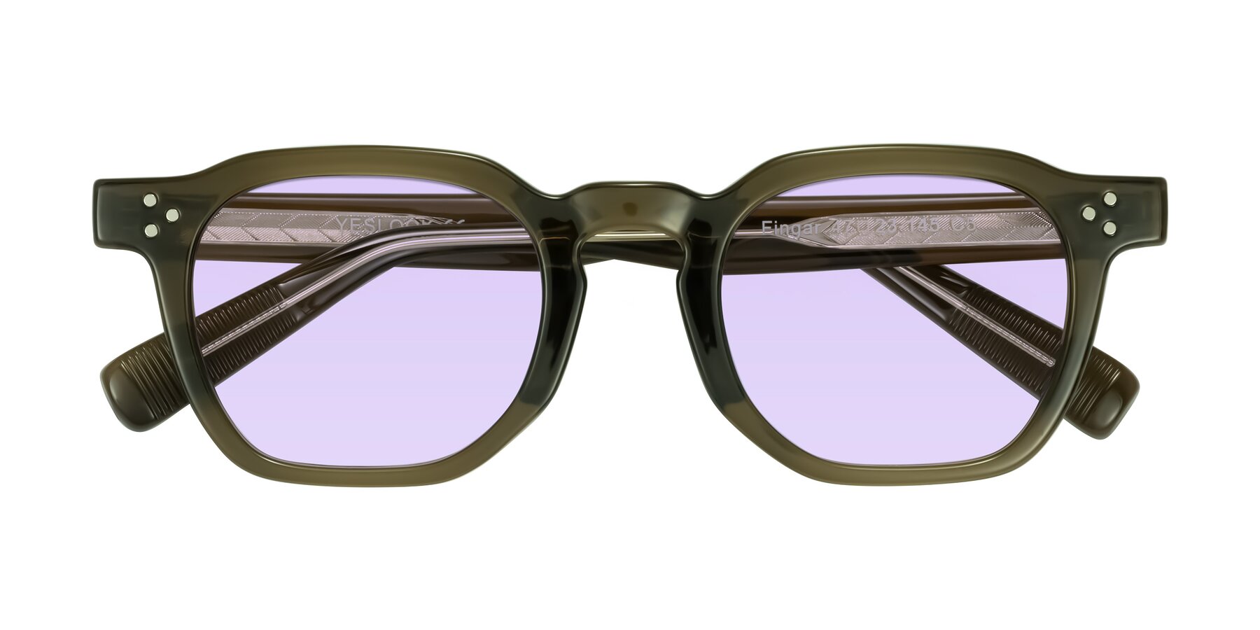 Folded Front of Fingar in Translucent Olive Gray with Light Purple Tinted Lenses