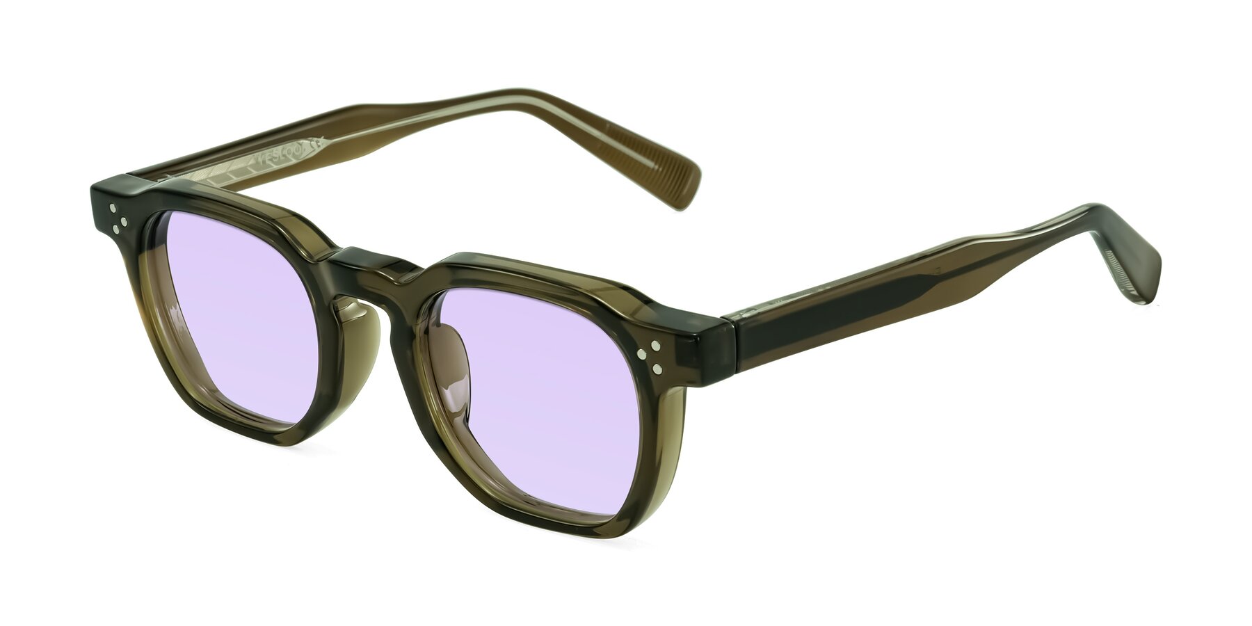 Angle of Fingar in Translucent Olive Gray with Light Purple Tinted Lenses